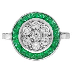 Diamond Cluster Emerald Art Deco Style Target Ring in 18K White Gold