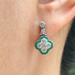 Diamond Cluster Emerald Clover Art Deco Style Drop Earrings in 14K White Gold