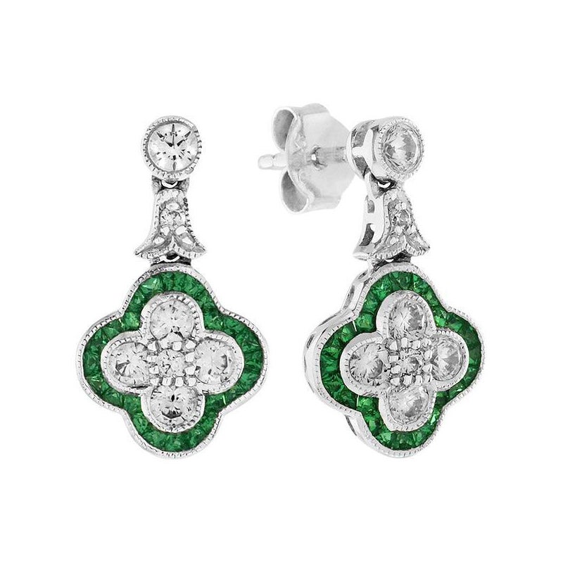 Art Deco Style 14K White Gold Diamond Cluster Emerald Drop Earrings For Sale