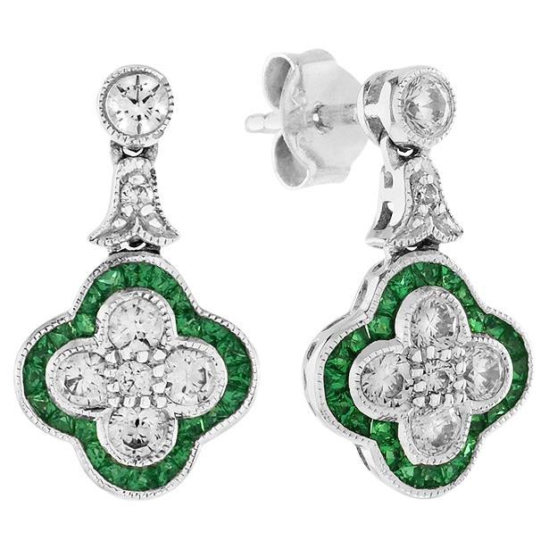 Diamond Cluster Emerald Clover Art Deco Style Drop Earrings in 14K White Gold
