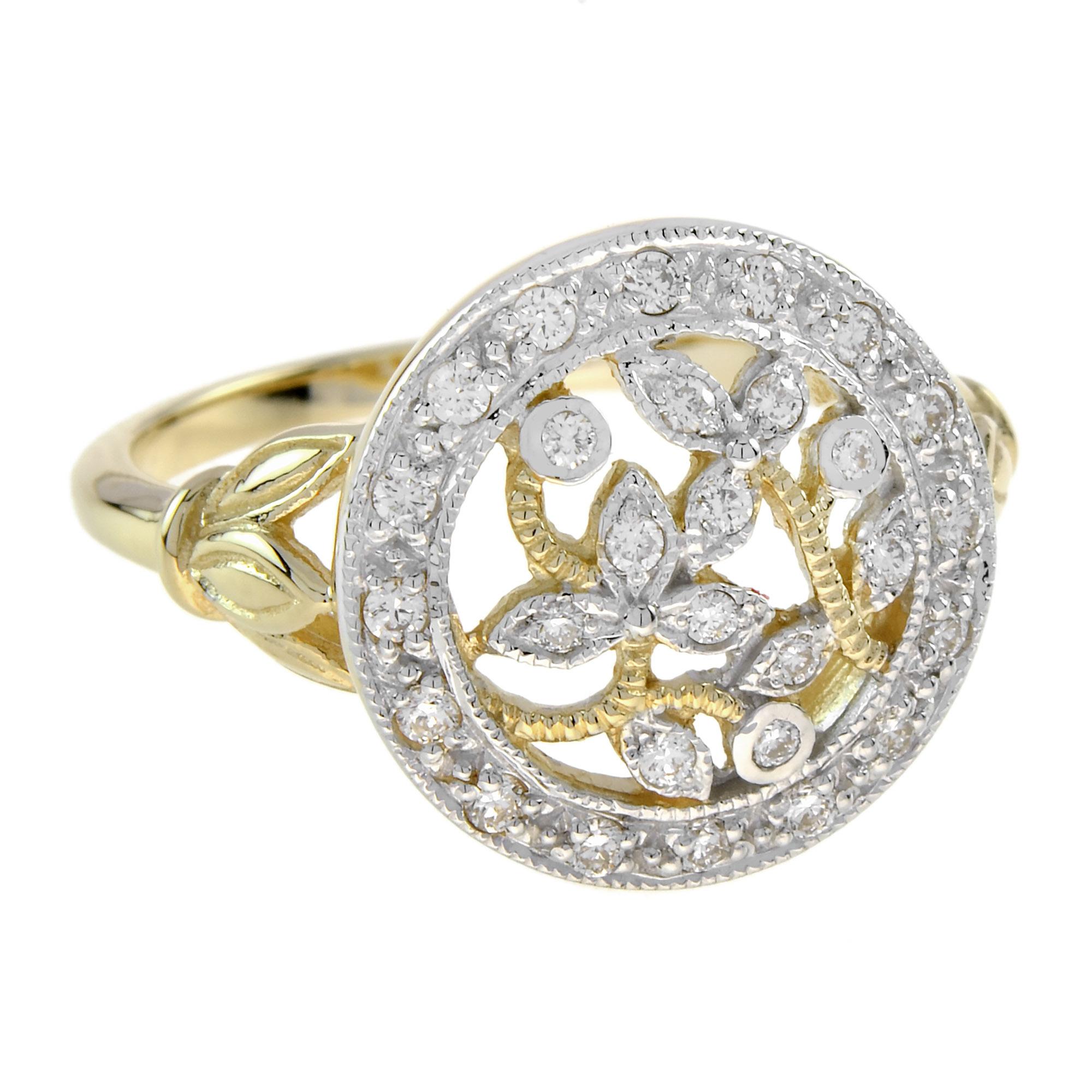 Art Deco Diamond Cluster Floral Leaves Filigree Vintage Style Ring in 14K Two Tone Gold For Sale
