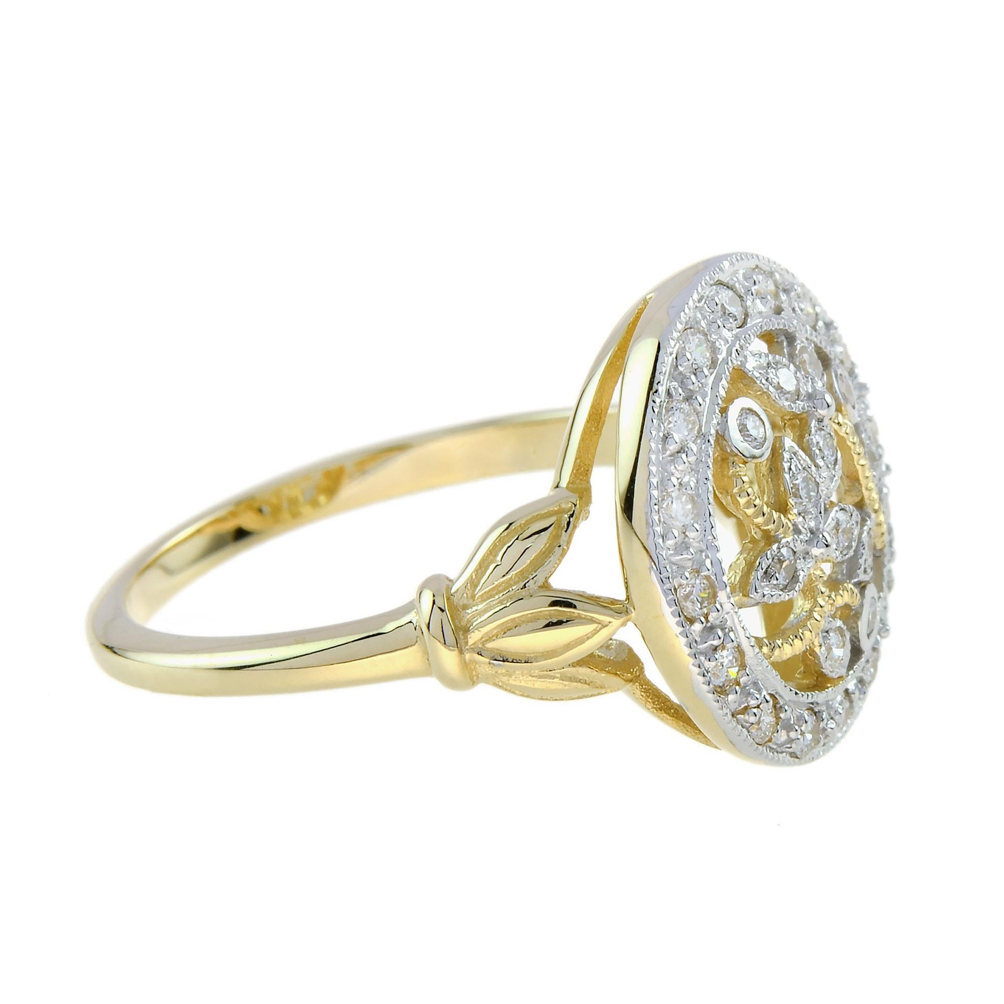 Round Cut Diamond Cluster Floral Leaves Filigree Vintage Style Ring in 14K Two Tone Gold For Sale