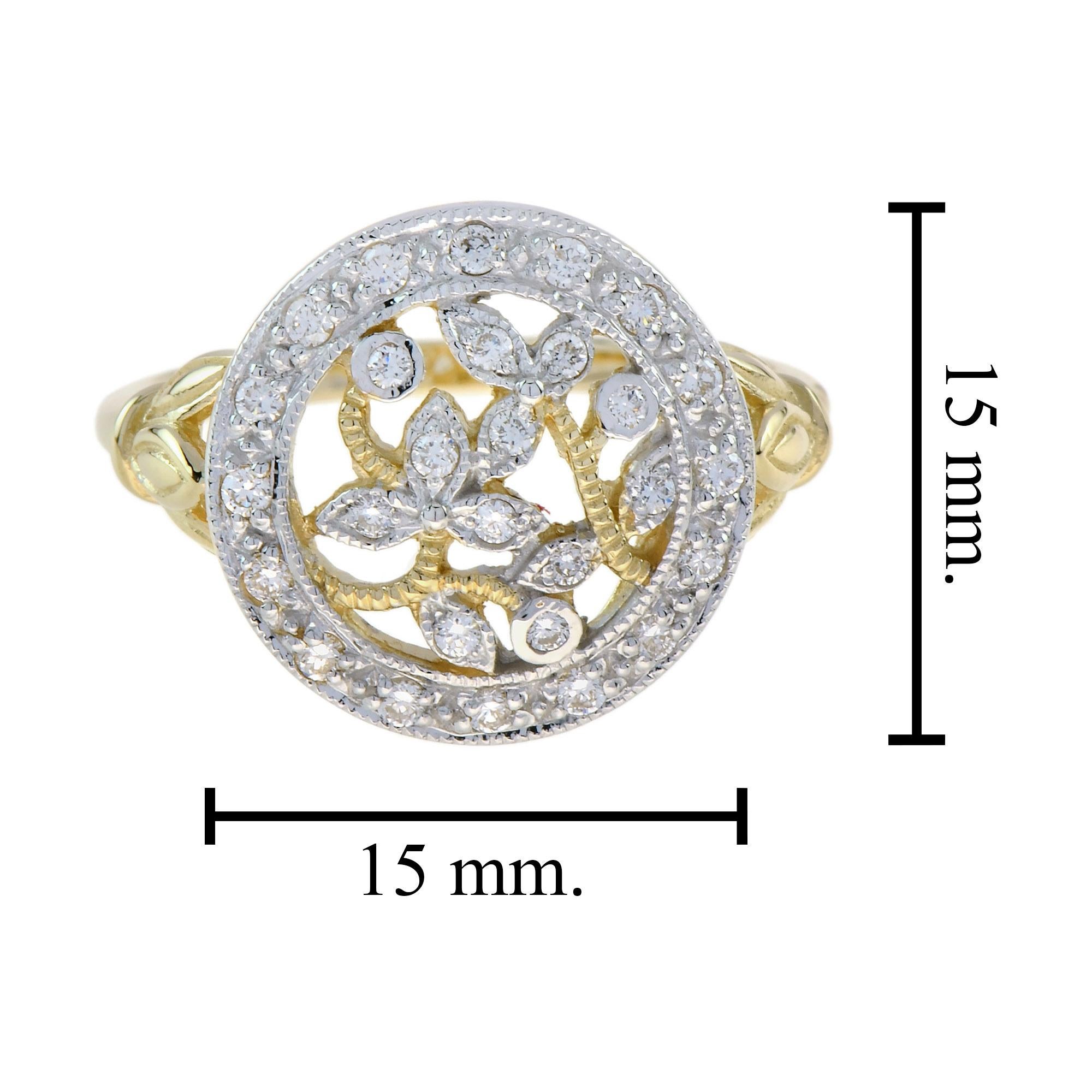 Women's Diamond Cluster Floral Leaves Filigree Vintage Style Ring in 14K Two Tone Gold For Sale