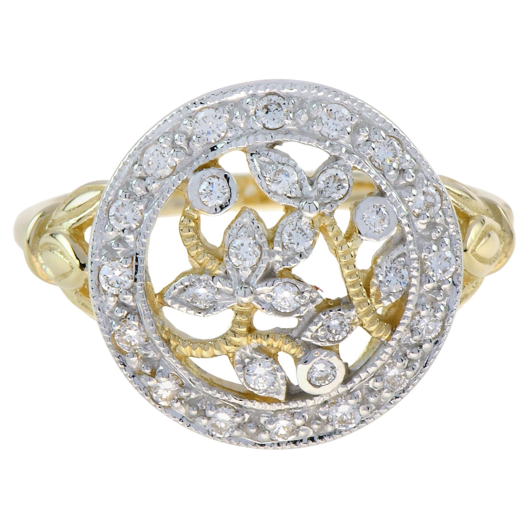 Diamond Cluster Floral Leaves Filigree Vintage Style Ring in 14K Two Tone Gold For Sale