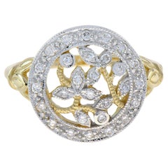 Racimo de Diamantes Hojas Florales Filigrana Anillo Estilo Vintage en Oro de Dos Tonos de 14K