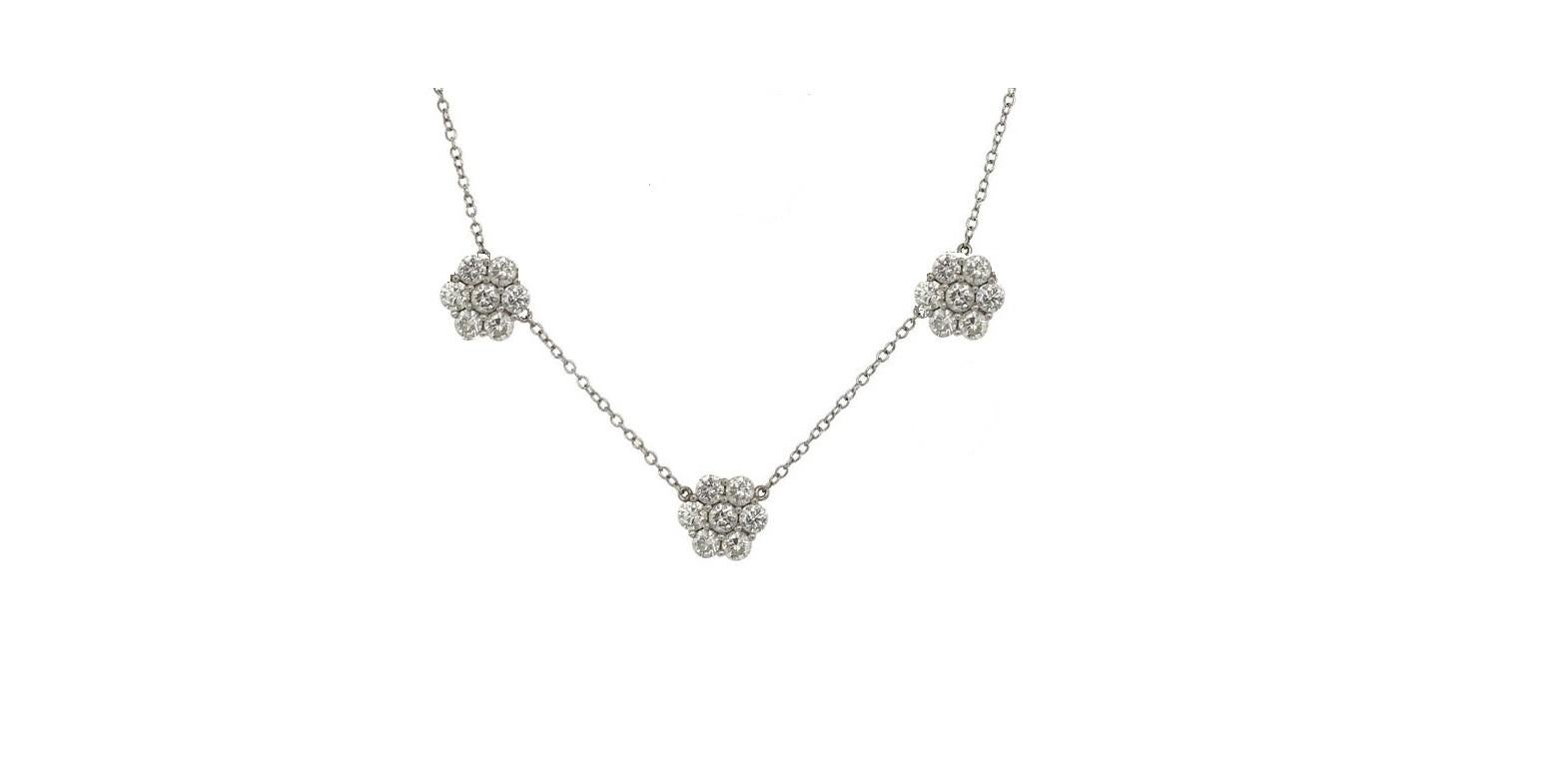 Three cluster necklace featuring 21 round brilliants weighing 4.02 carats in 18k white gold. 

Can be made in any size, gold color or gemstone. Build your own!