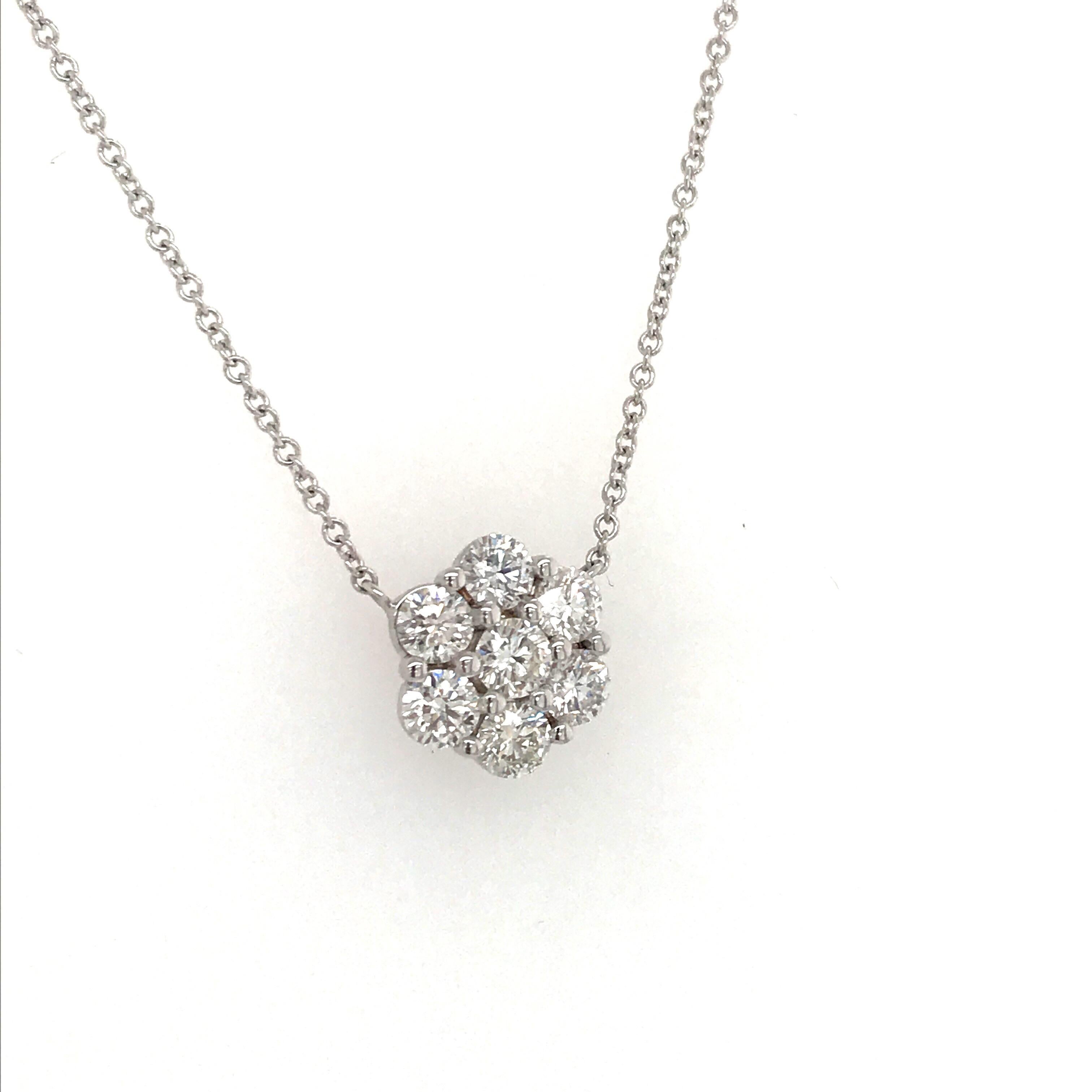 Round Cut Diamond Cluster Floral Necklace 4.02 Carat 18 Karat White Gold