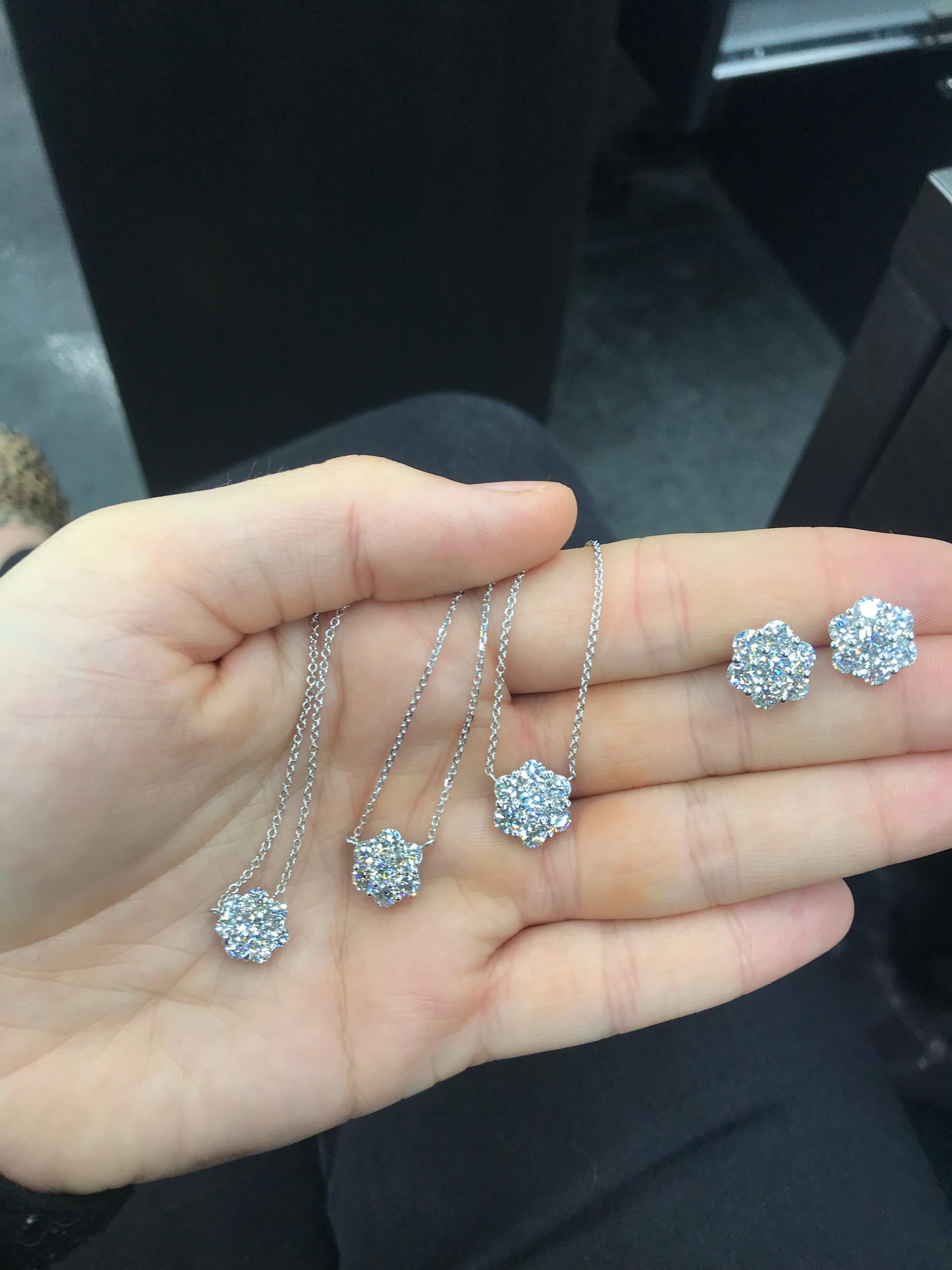 Women's Diamond Cluster Floral Pendant Necklace 0.79 Carat 18 Karat White Gold