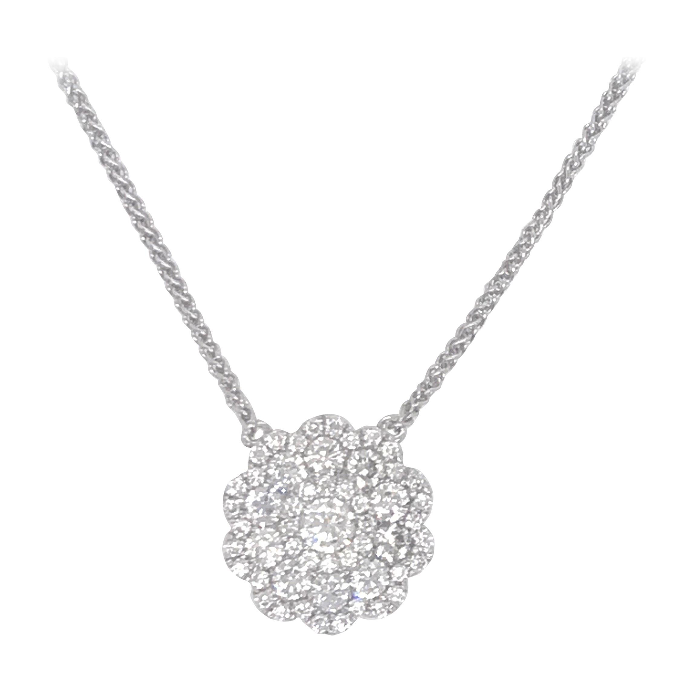 Diamond Cluster Floral Pendant Necklace 0.62 Carats 18K For Sale