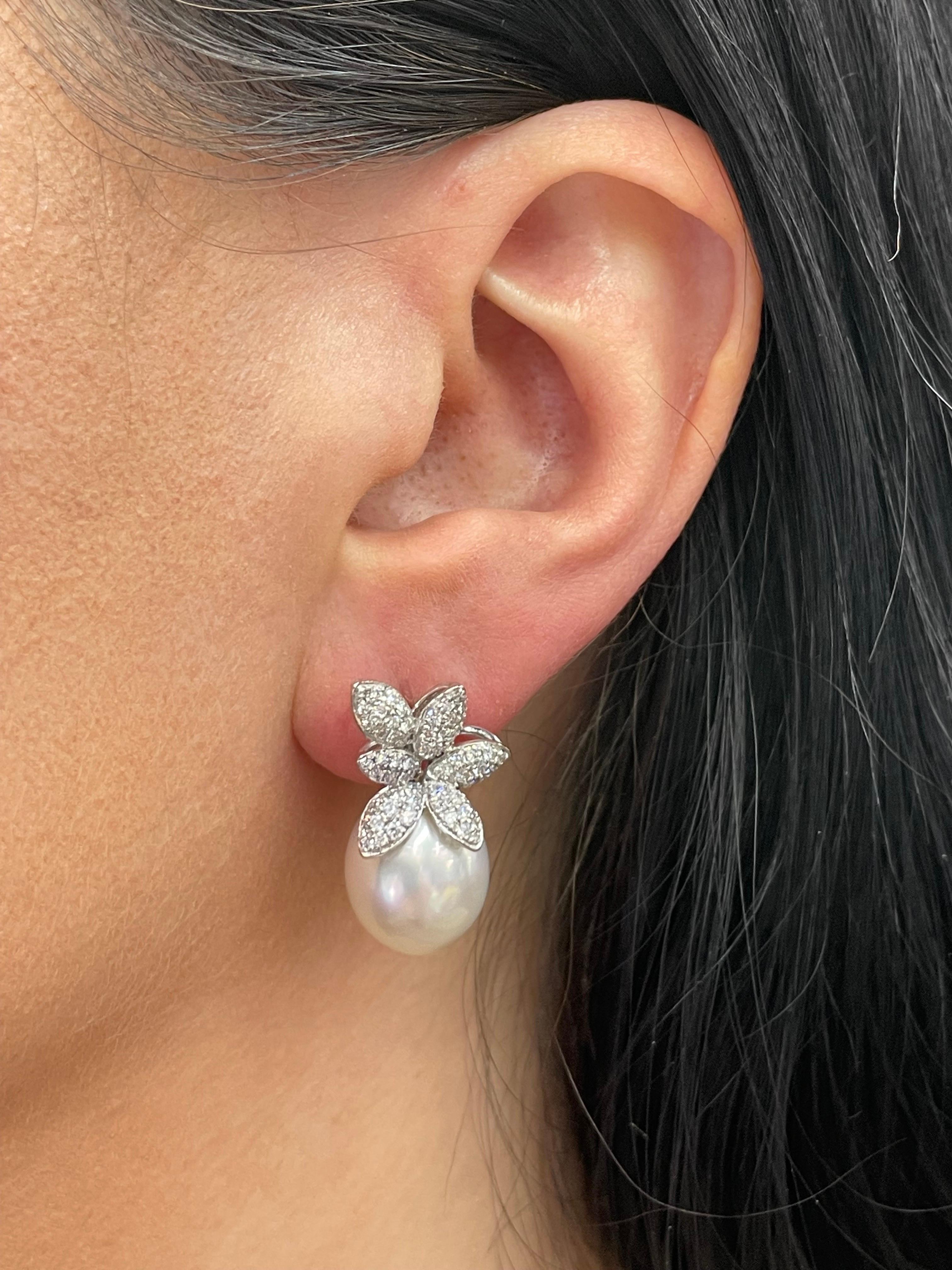 Round Cut Diamond Cluster Floral South Sea Pearl Drop Earrings 1.03 Carats 18 Karat For Sale
