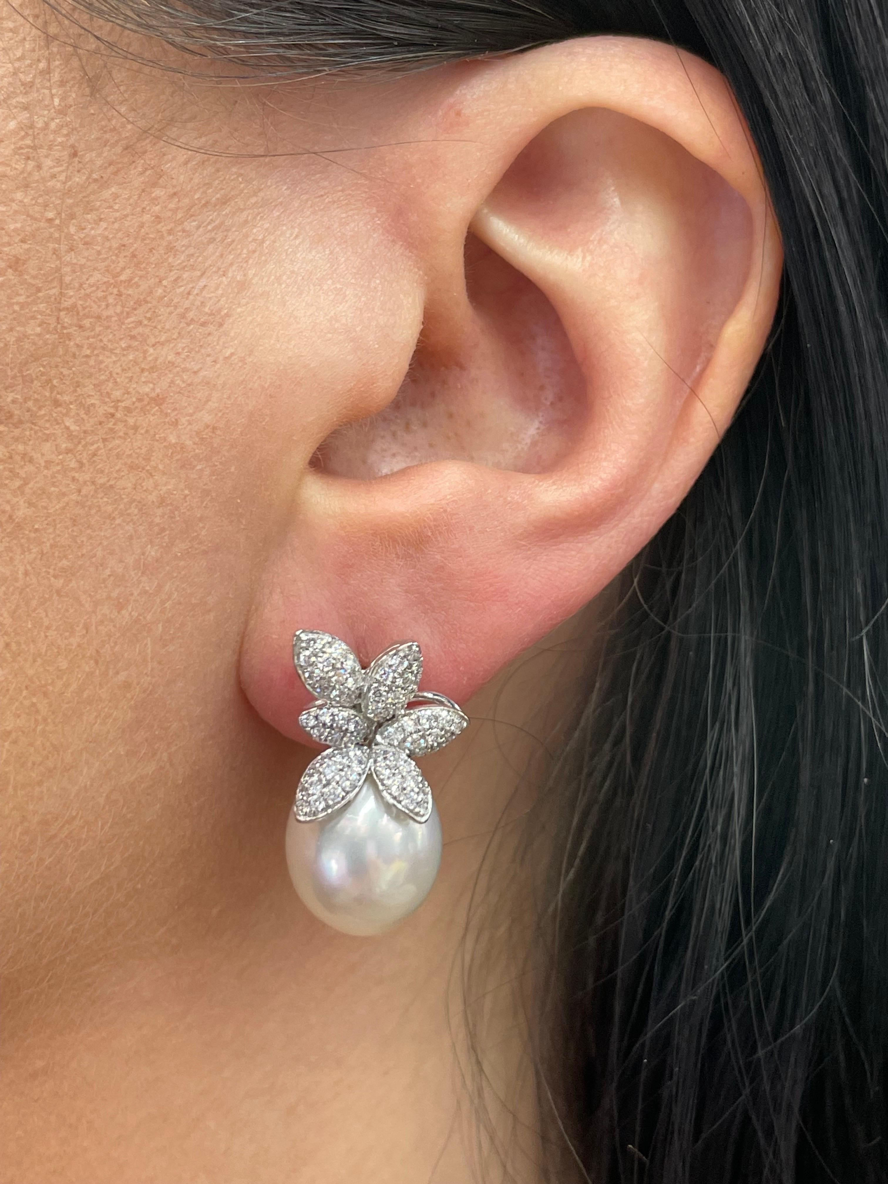 Diamond Cluster Floral South Sea Pearl Drop Earrings 1.03 Carats 18 Karat For Sale 1