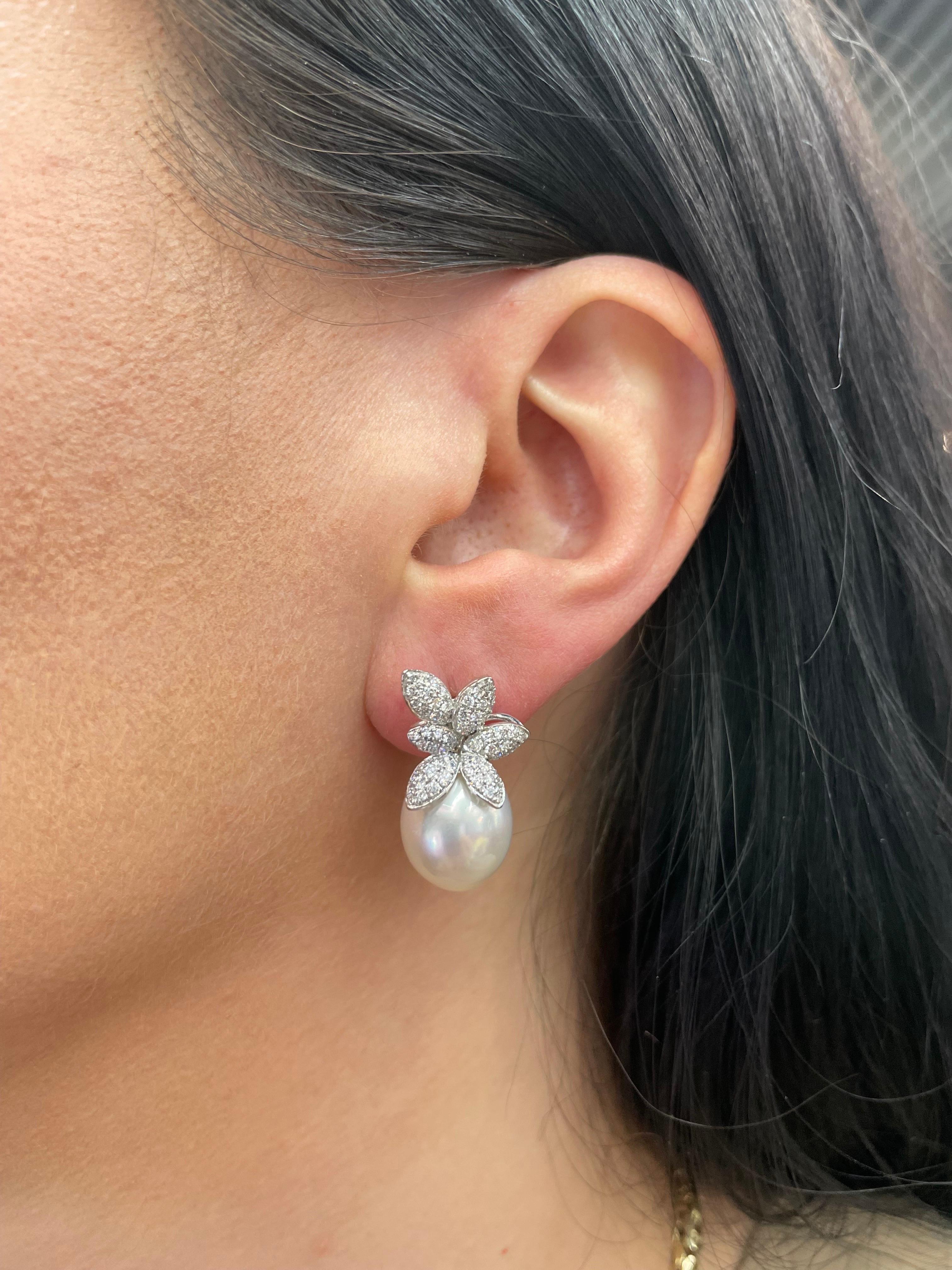 Diamond Cluster Floral South Sea Pearl Drop Earrings 1.03 Carats 18 Karat For Sale 2