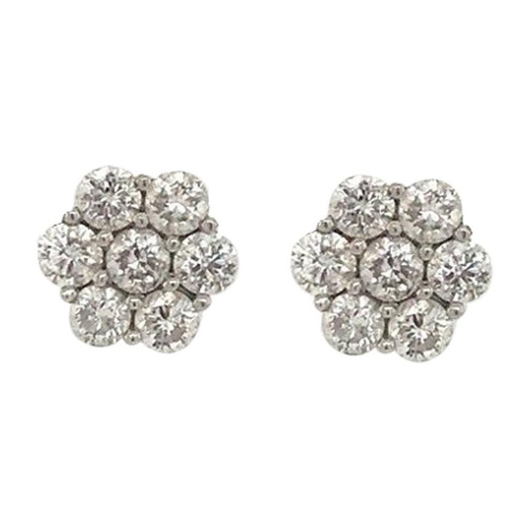 Diamond Cluster Floral Stud Earrings 2.60 Carat 18 Karat White Gold For Sale