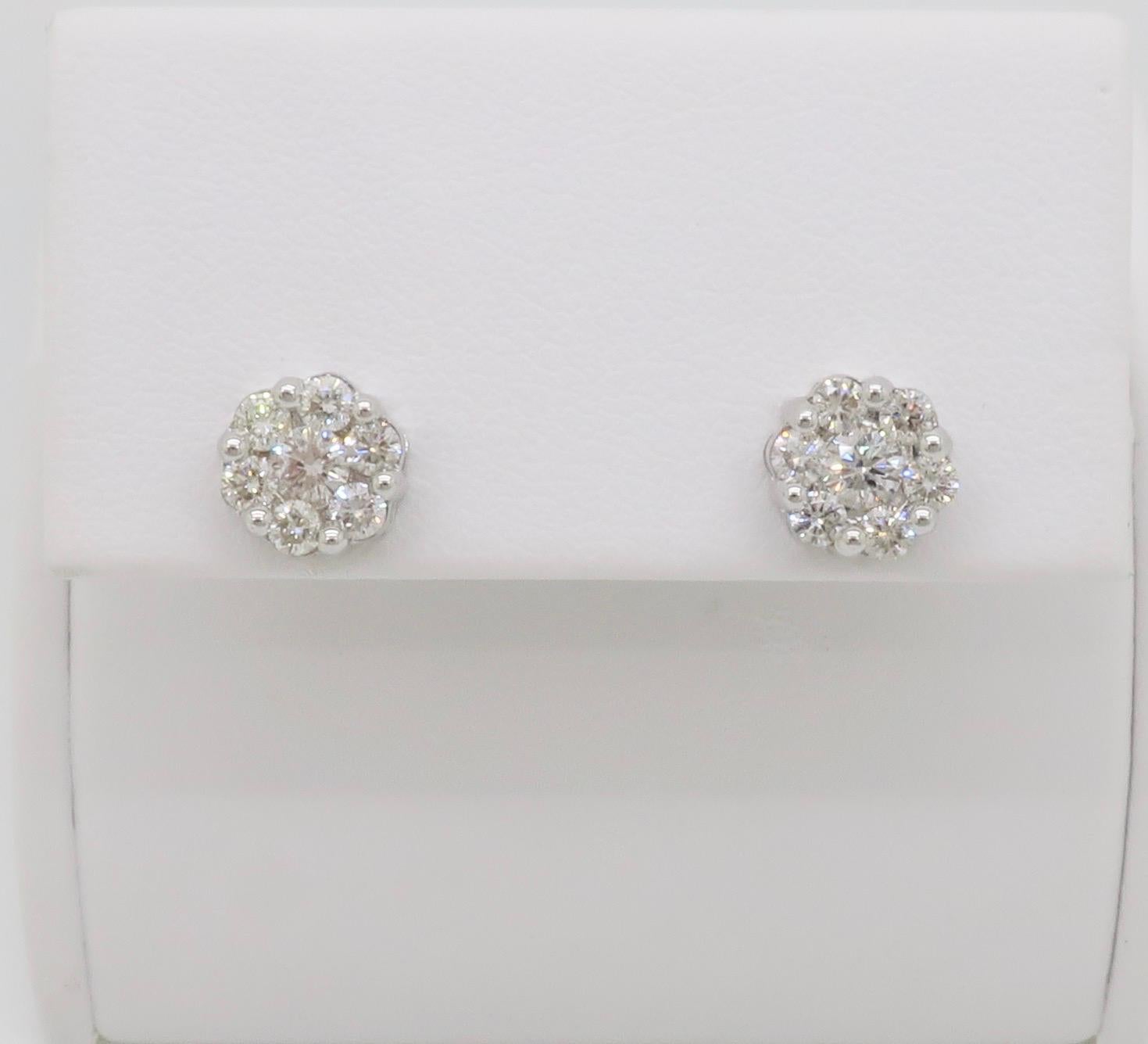 Round Cut Diamond Cluster Floral Stud Earrings For Sale