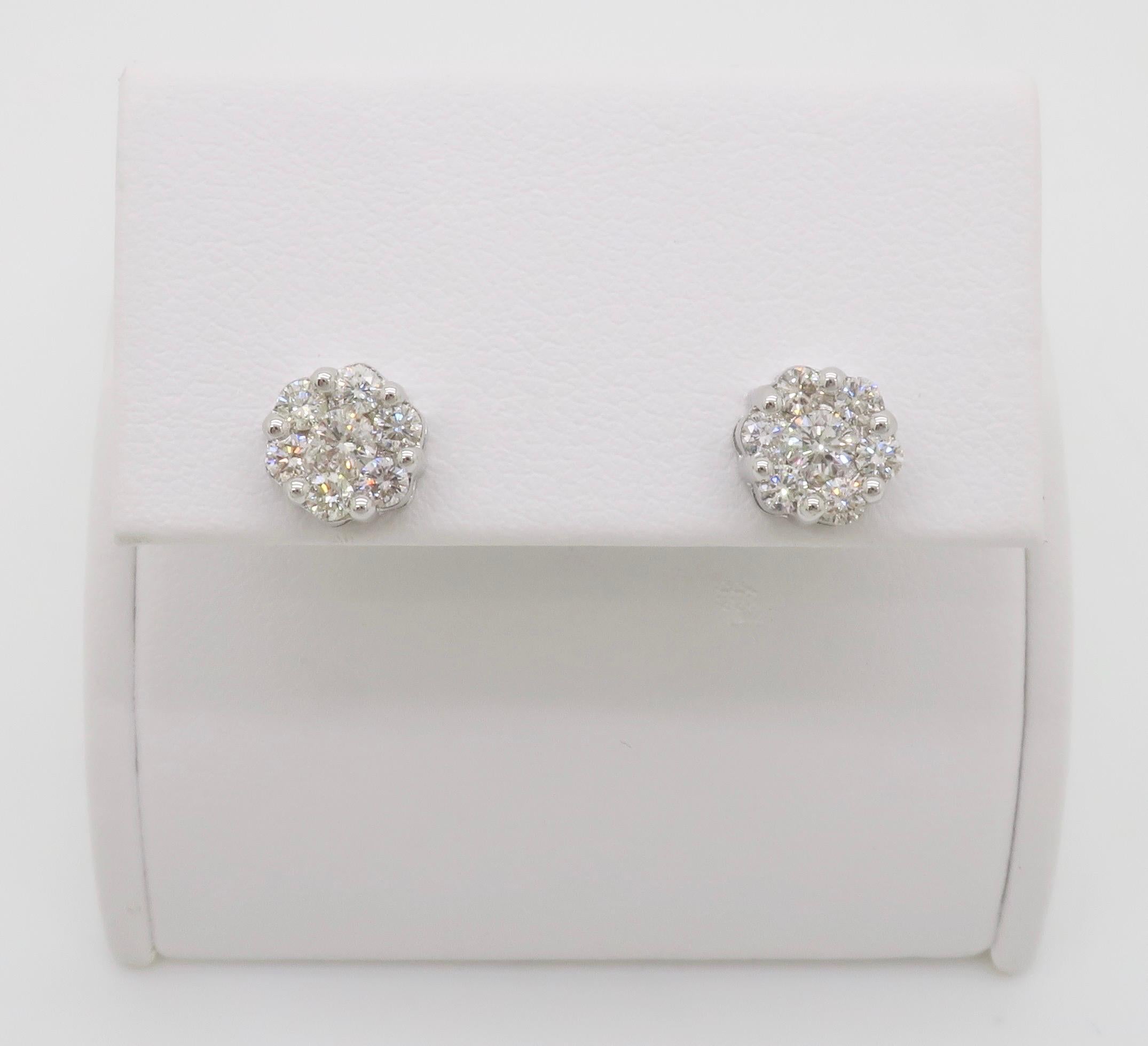 Diamond Cluster Floral Stud Earrings For Sale 1