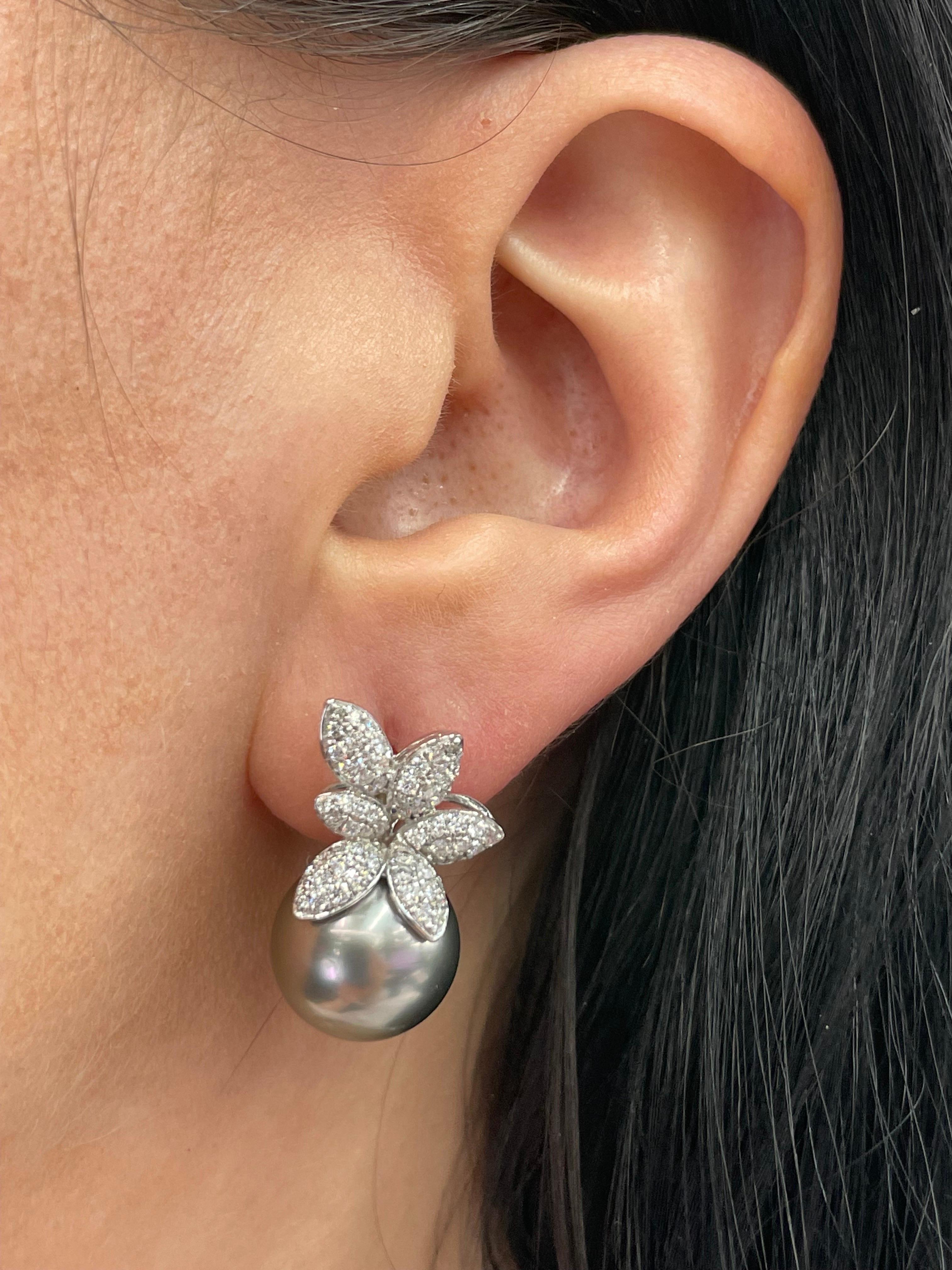 Round Cut Diamond Cluster Floral Tahitian Pearl Drop Earrings 1.03 Carat 18 Karat 12-13 MM For Sale