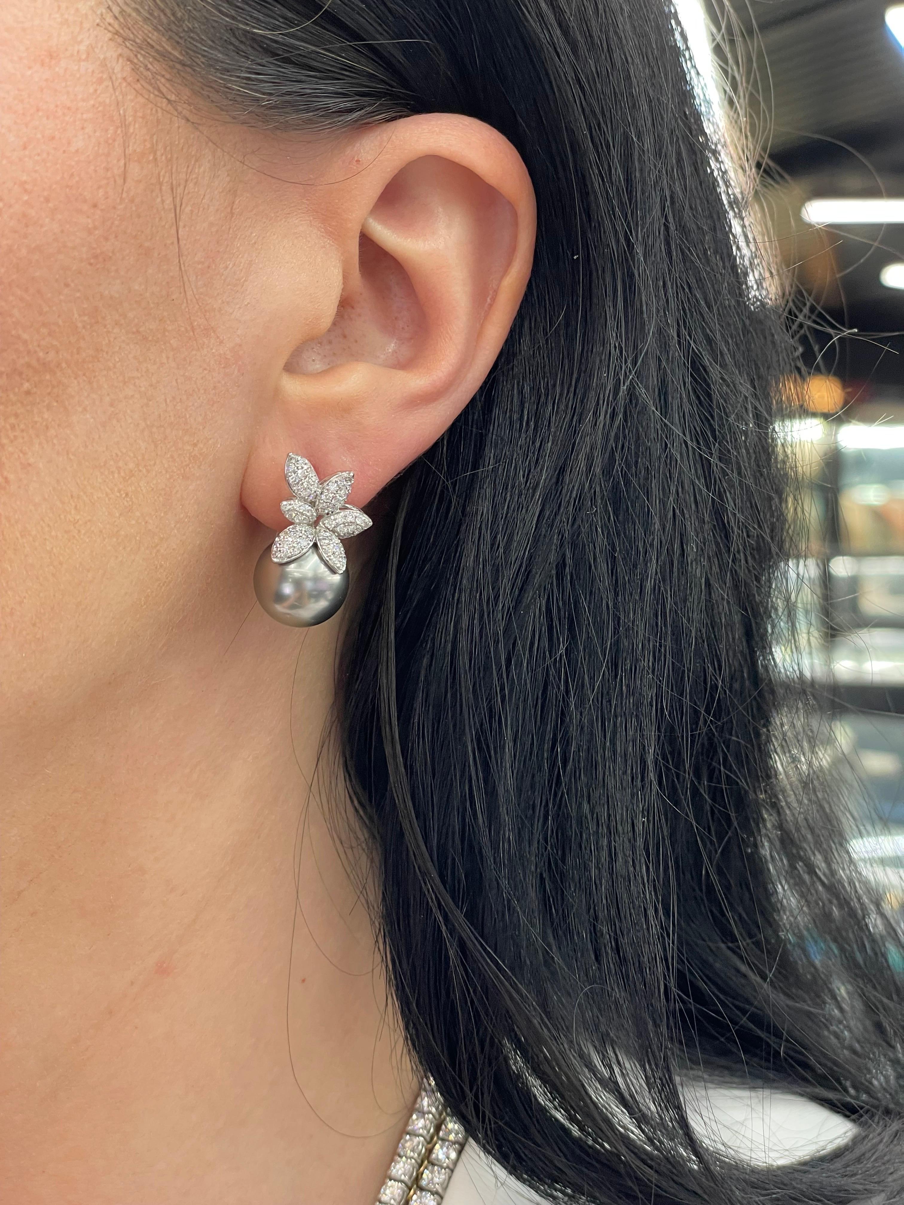 Women's Diamond Cluster Floral Tahitian Pearl Drop Earrings 1.03 Carat 18 Karat 12-13 MM For Sale