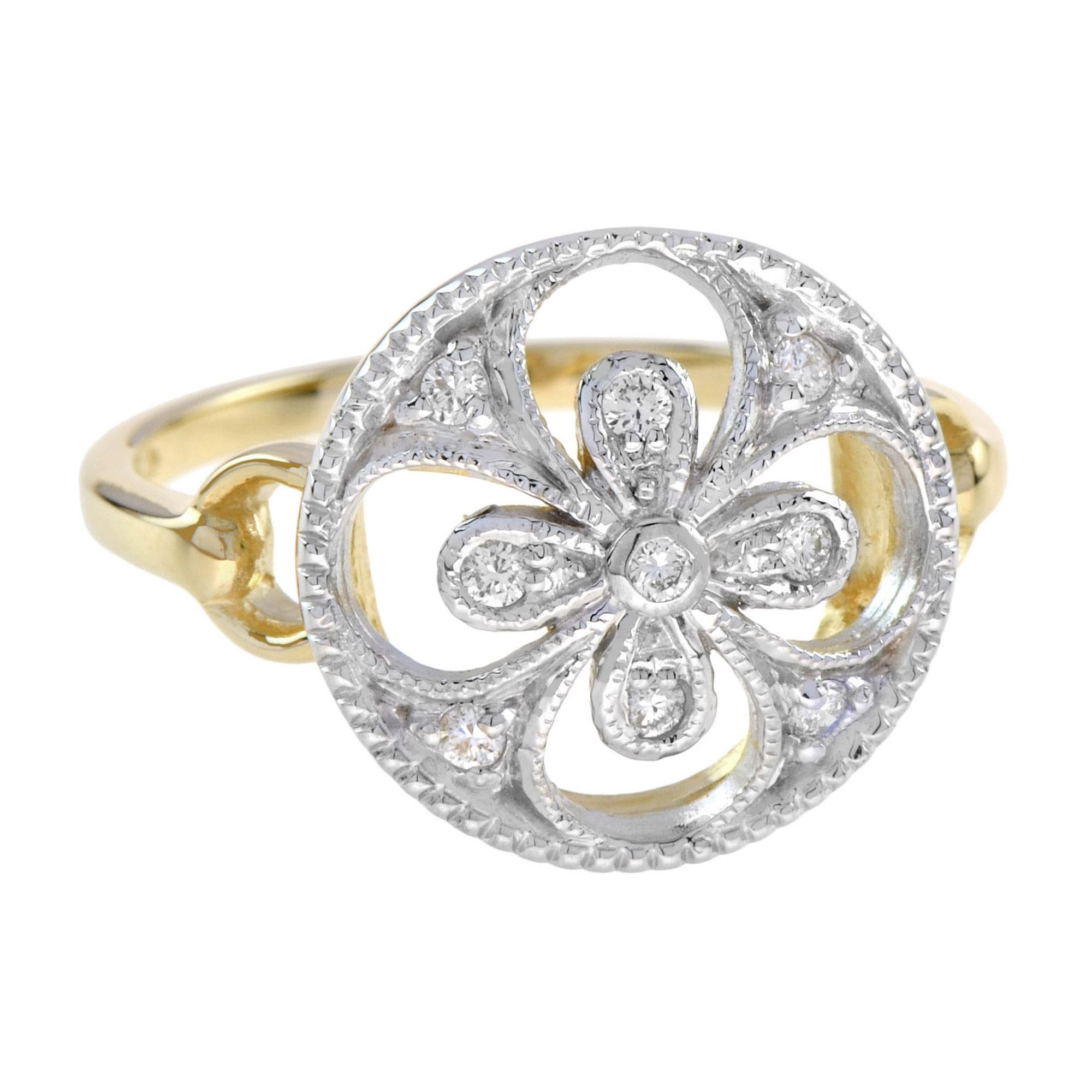 Diamant-Cluster-Ring im Vintage-Stil mit Blumenmuster aus 14K zweifarbigem Gold mit Diamanten (Art déco) im Angebot