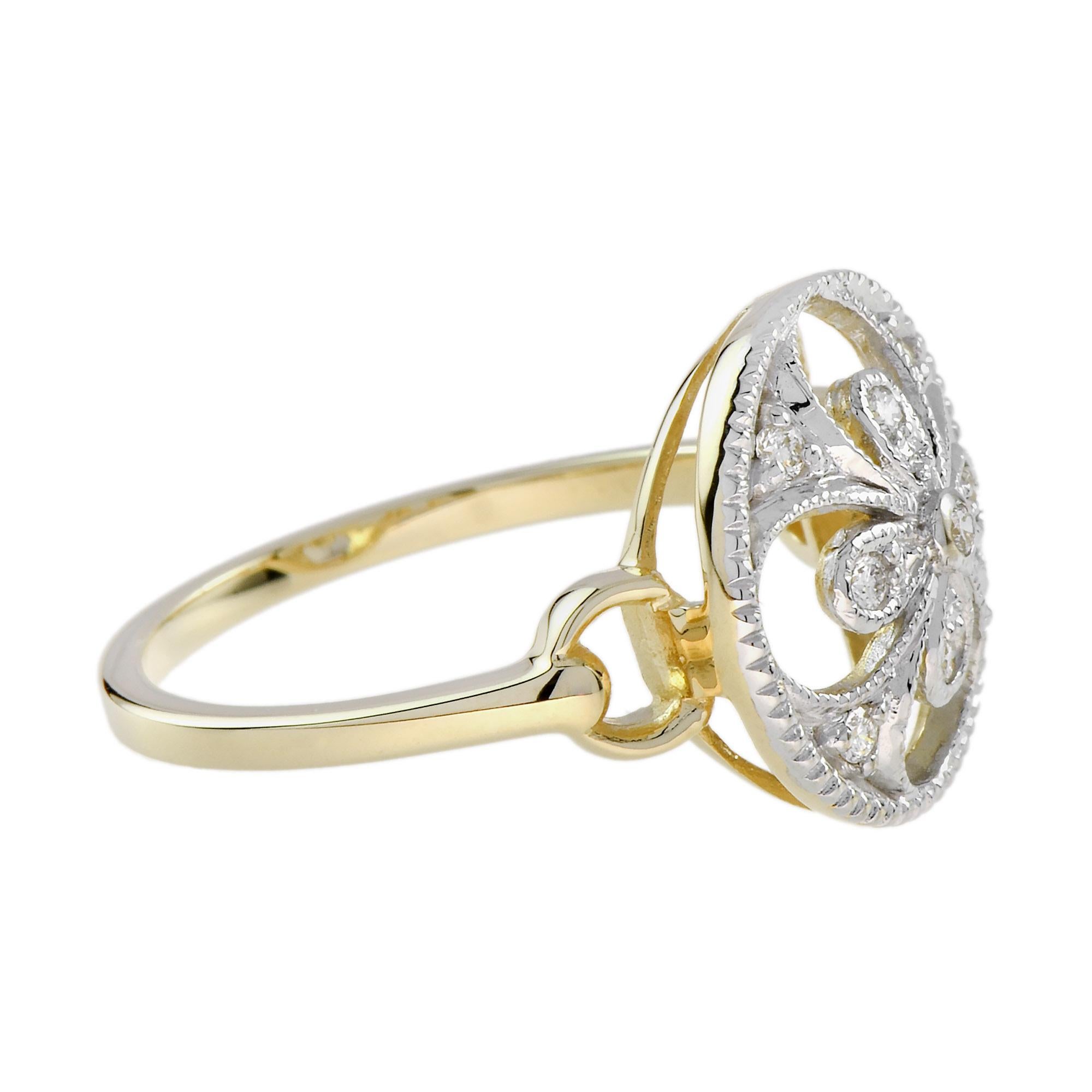 Diamant-Cluster-Ring im Vintage-Stil mit Blumenmuster aus 14K zweifarbigem Gold mit Diamanten (Rundschliff) im Angebot