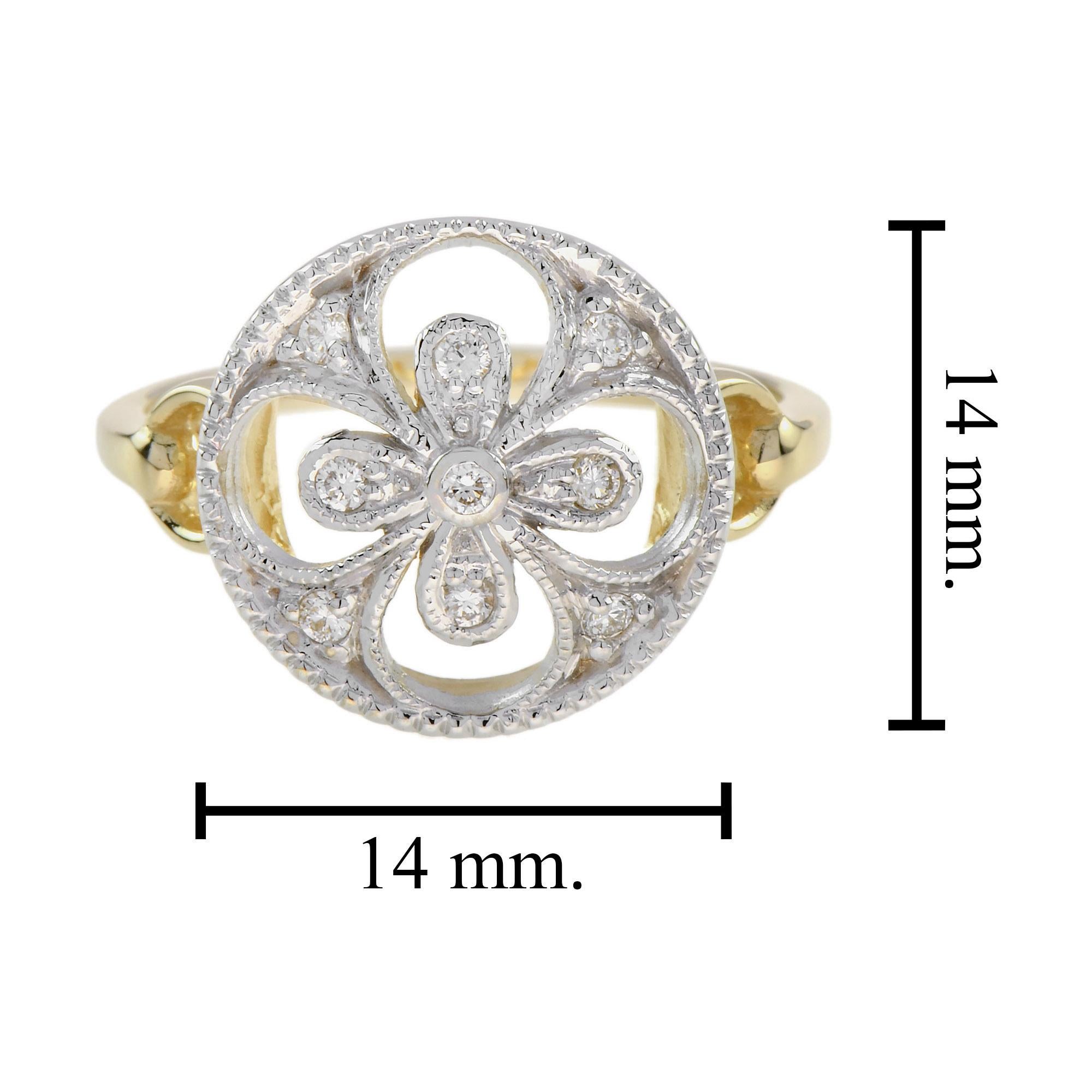 Diamant-Cluster-Ring im Vintage-Stil mit Blumenmuster aus 14K zweifarbigem Gold mit Diamanten Damen im Angebot