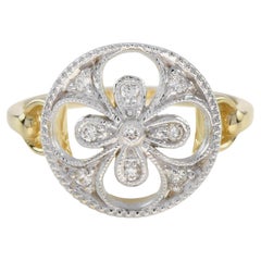 Anillo Estilo Vintage Floral Racimo de Diamantes en Oro de Dos Tonos de 14K