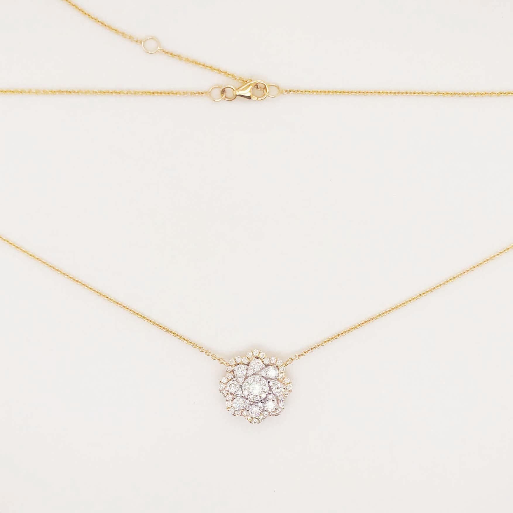 Flower 14K Gold Diamond Modernist Pendant Diamond Cluster