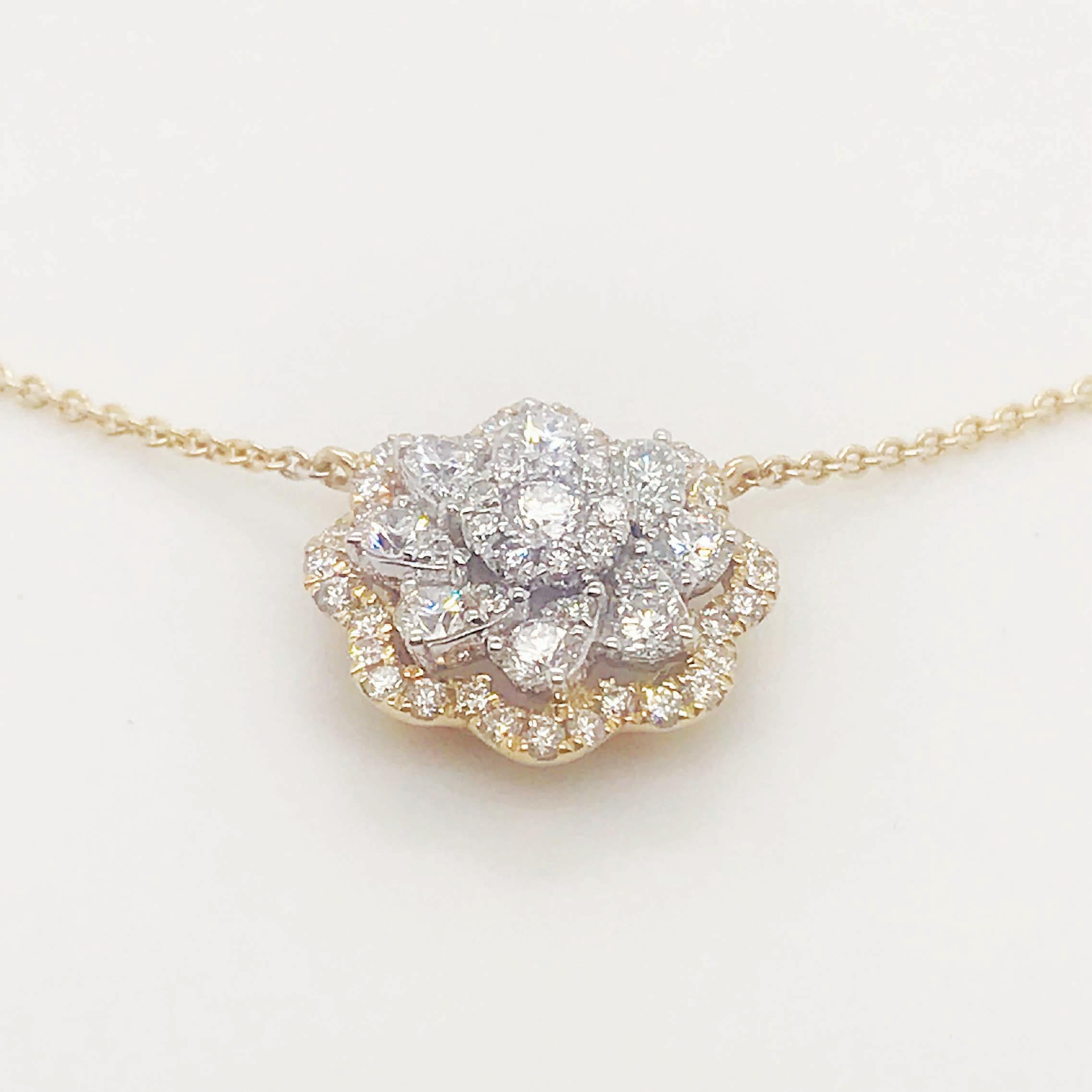 Modern Diamond Cluster Flower Necklace 14 Karat Yellow Gold Diamond Pave Flower Pendant For Sale