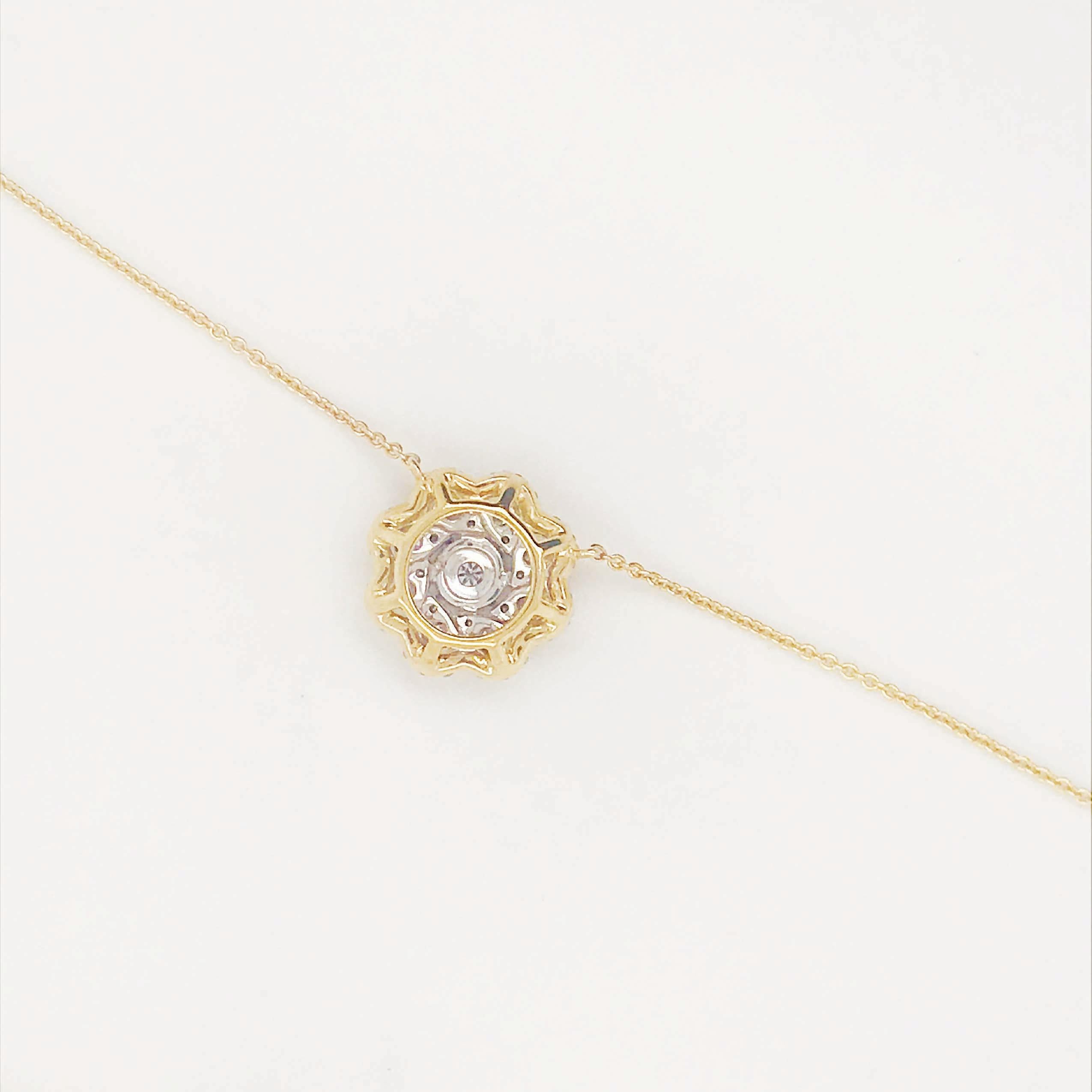 Round Cut Diamond Cluster Flower Necklace 14 Karat Yellow Gold Diamond Pave Flower Pendant For Sale