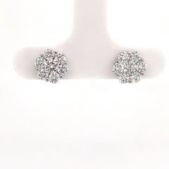 Diamond Cluster Flower Stud Earrings 1.04 Carats 14 Karat White Gold 1.6 Grams