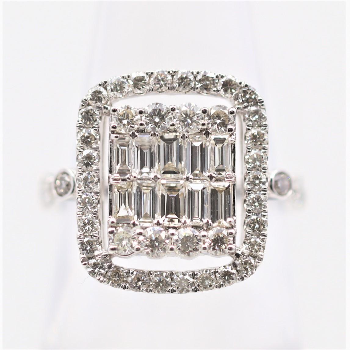 A unique diamond ring featuring 2 carats of round brilliant and baguette-cut diamonds set in geometric clusters with a round diamond border around it. The different cuts of diamonds give an array of sparkle and brilliance. Hand-fabricated in