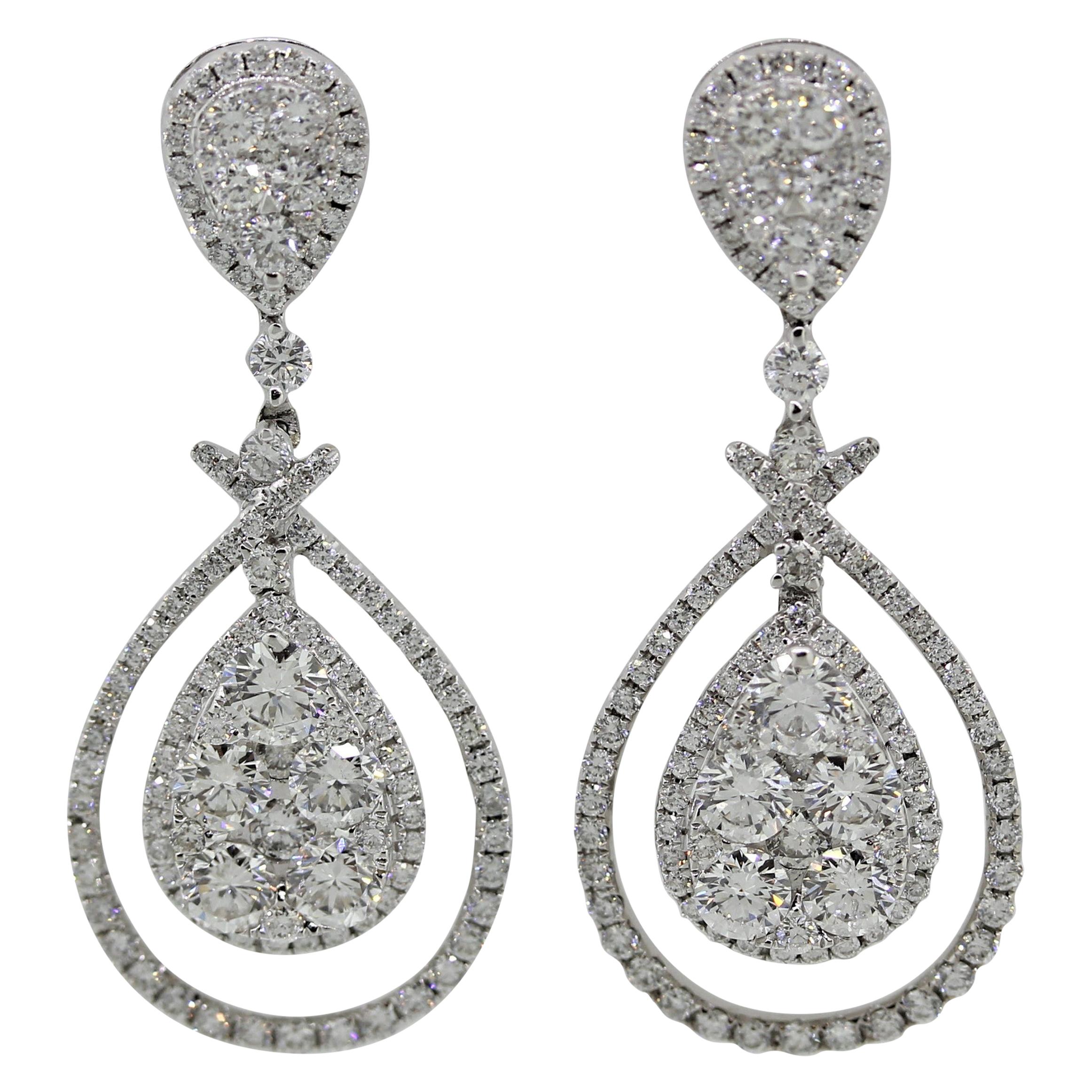 Diamond Cluster Gold Drop Earrings