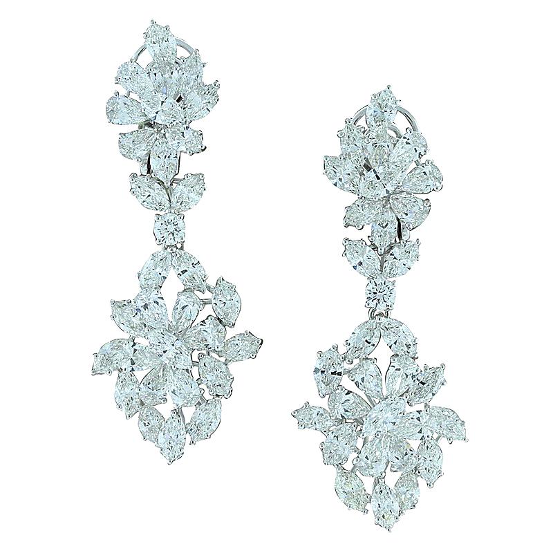 Diamond Cluster Gold Drop Earrings For Sale