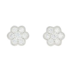 Diamond Cluster Halo Earrings, 14 Karat Gold Floral Pierced Round Cut .50 Carat