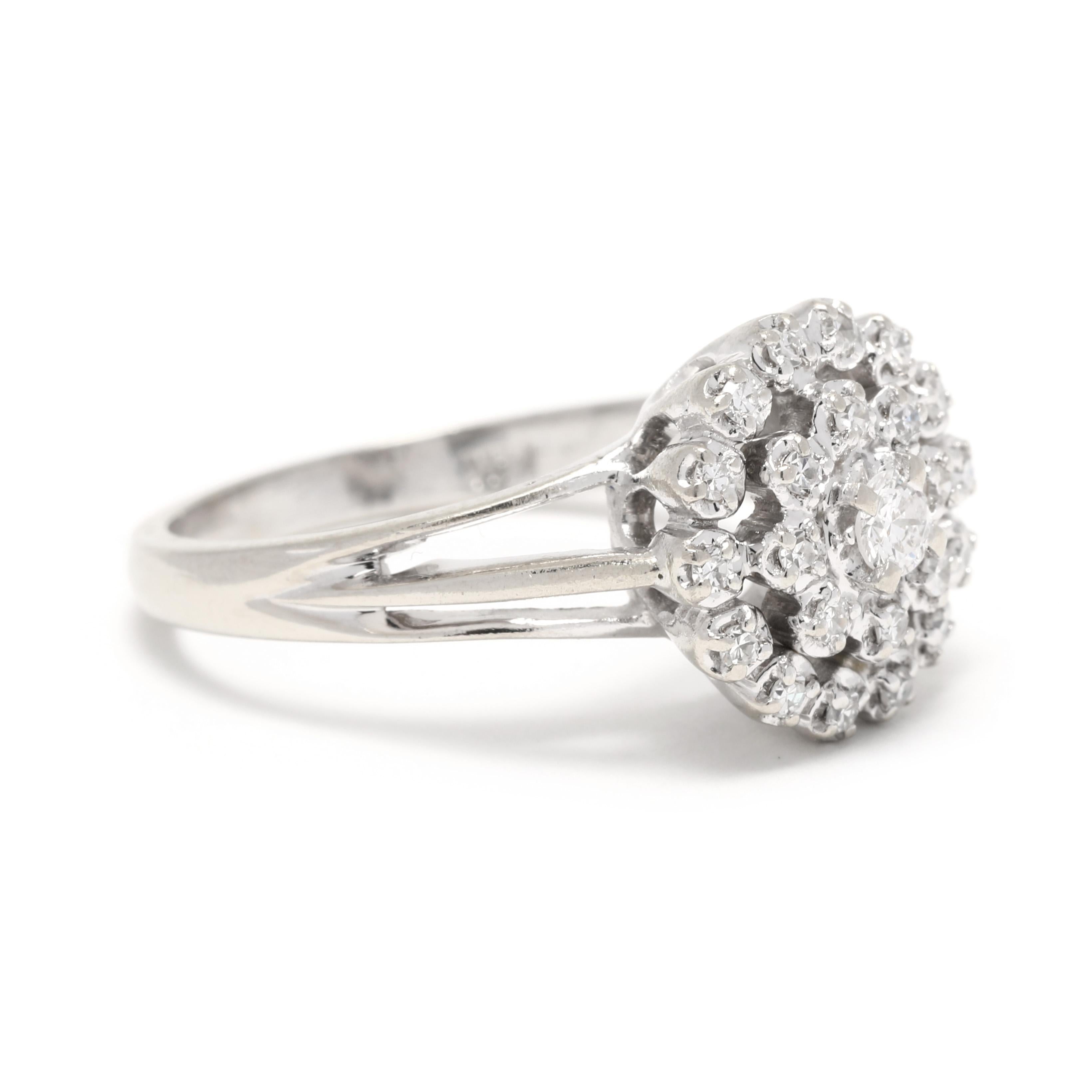 This 0.25ctw diamond cluster halo engagement ring is a perfect way to show your love on your wedding day. Handcrafted in 14K white gold, this stunning piece features a cluster of shimmering diamonds encircled by a halo of smaller diamonds. The ring