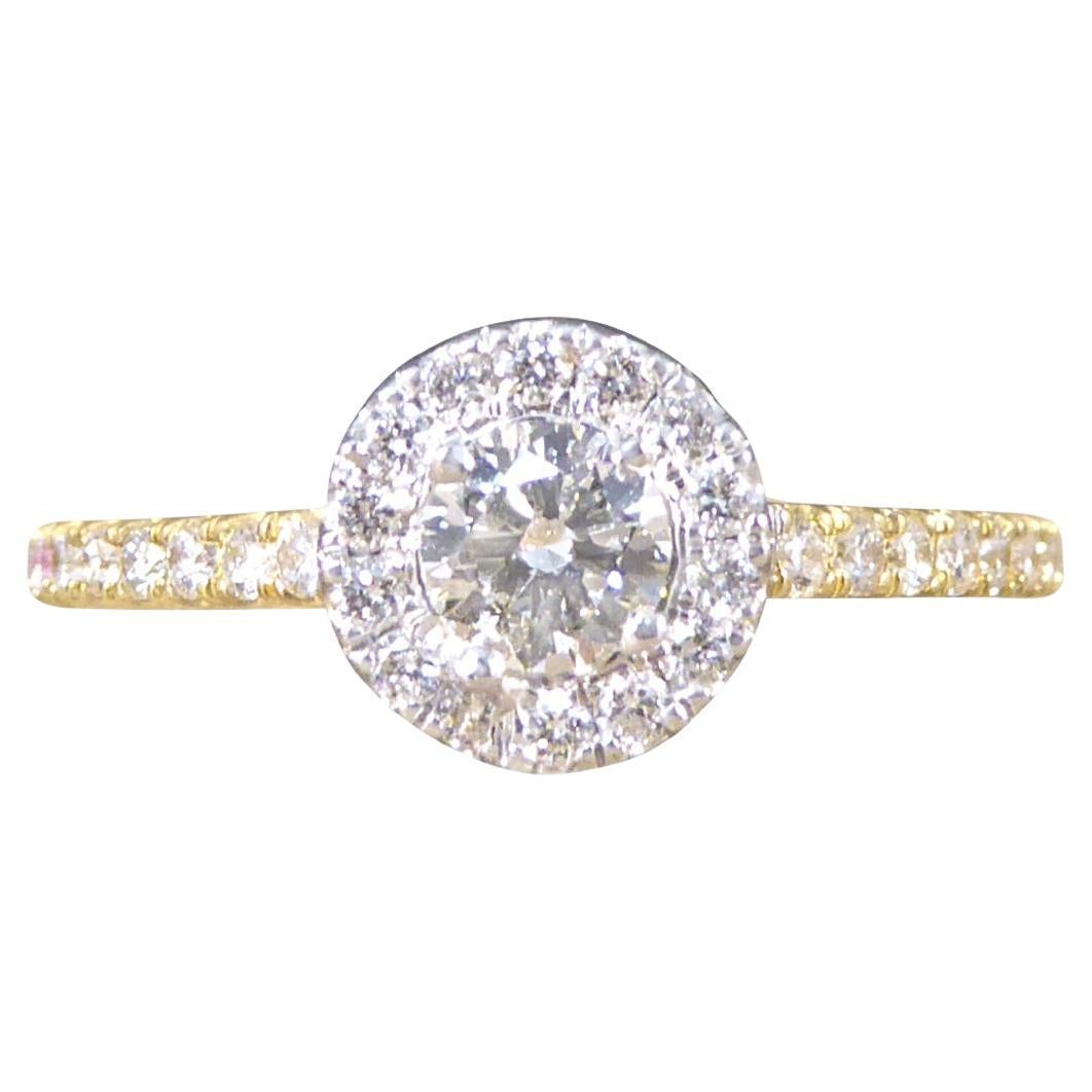Diamond Cluster Halo Engagement Wedfit Ring with Diamond Shoulders in 18ct Gold For Sale