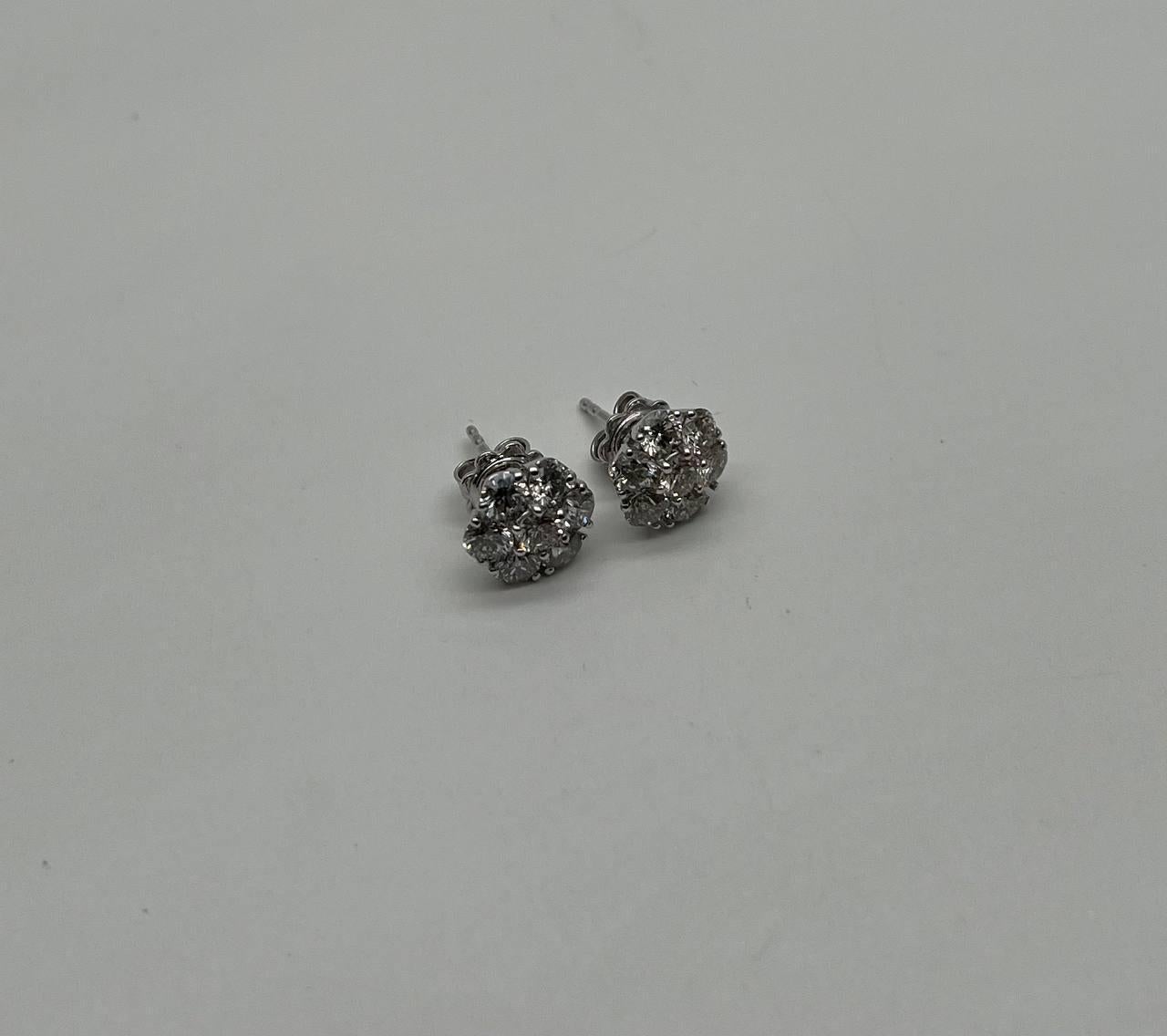 Round Cut Diamond Cluster Halo Set 14K White Gold Stud Earrings For Sale