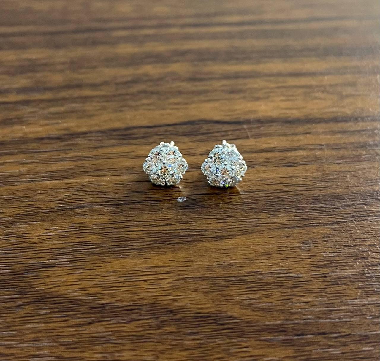 Diamond Cluster Halo Set 14K White Gold Stud Earrings For Sale 1