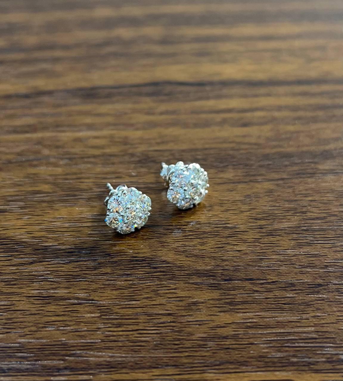Diamond Cluster Halo Set 14K White Gold Stud Earrings For Sale 2