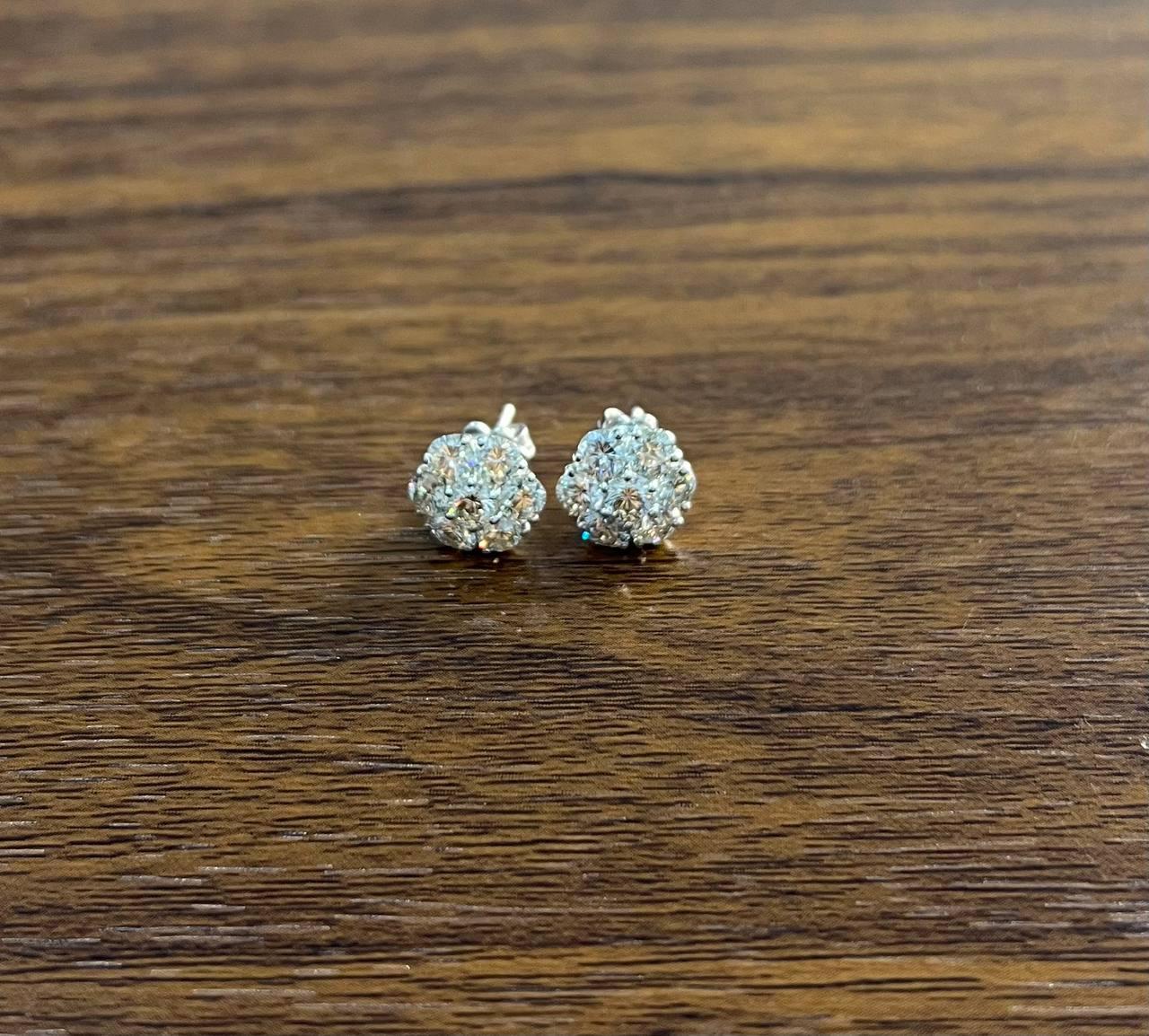 Diamond Cluster Halo Set 14K White Gold Stud Earrings For Sale 3