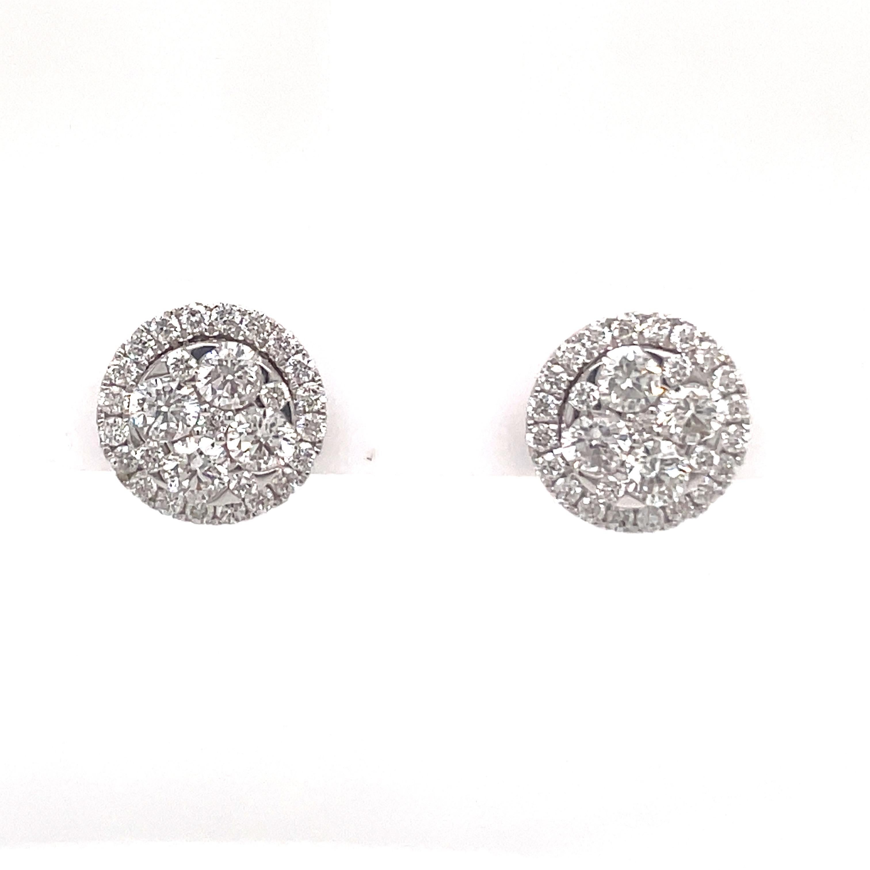 Diamond Cluster Halo Stud Earrings 0.89 Carats 14 Karat White Gold For Sale 5