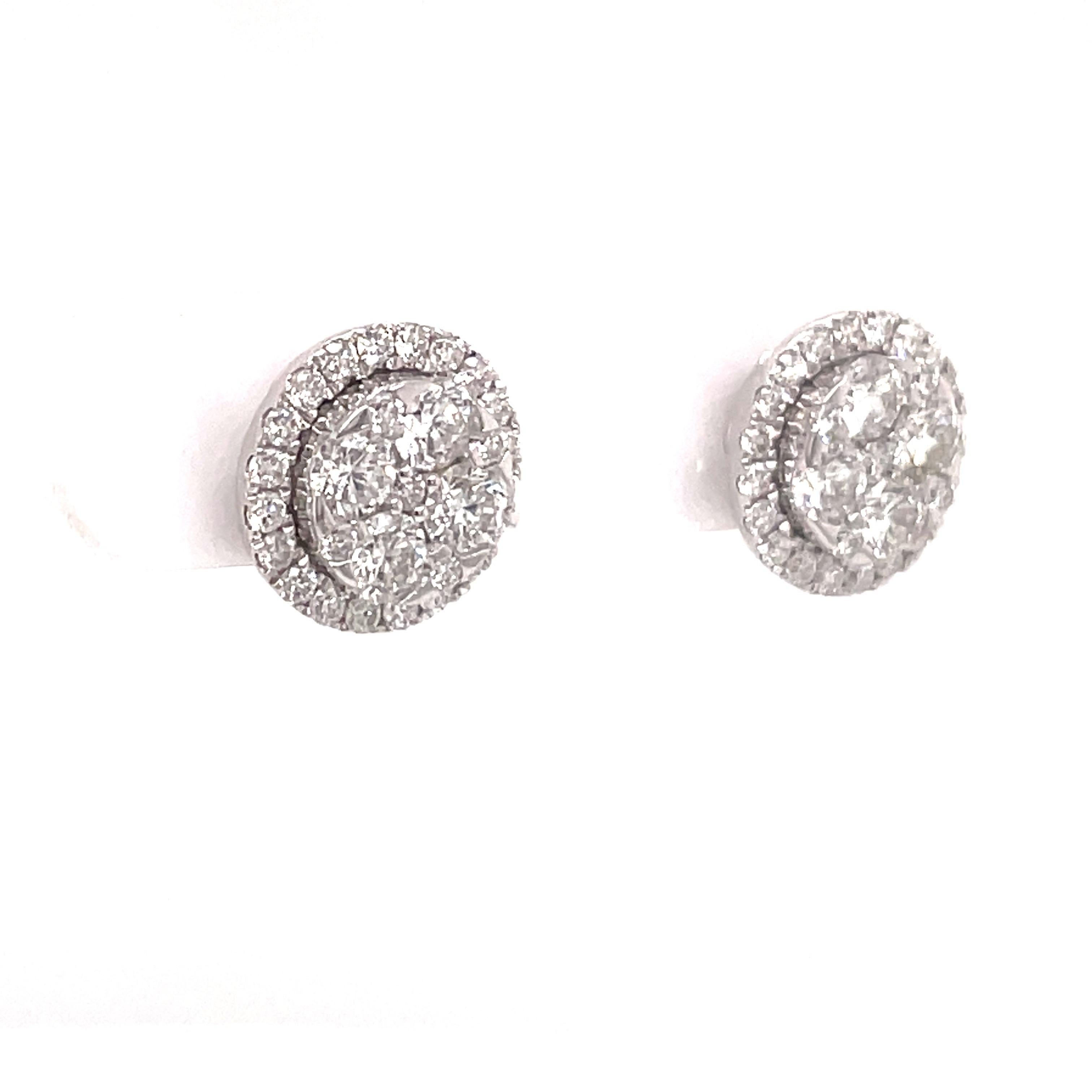 Diamond Cluster Halo Stud Earrings 0.89 Carats 14 Karat White Gold For Sale 6