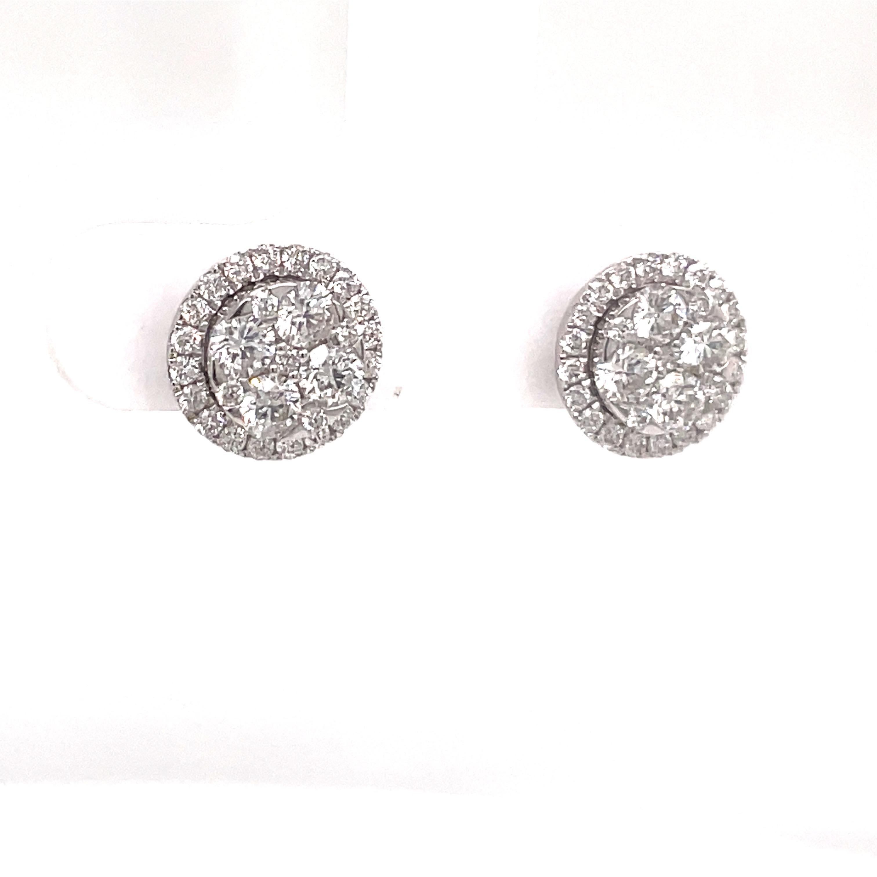 Diamond Cluster Halo Stud Earrings 0.89 Carats 14 Karat White Gold For Sale 7