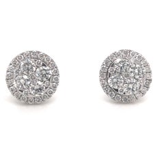 Diamond Cluster Halo Stud Earrings 0.89 Carats 14 Karat White Gold