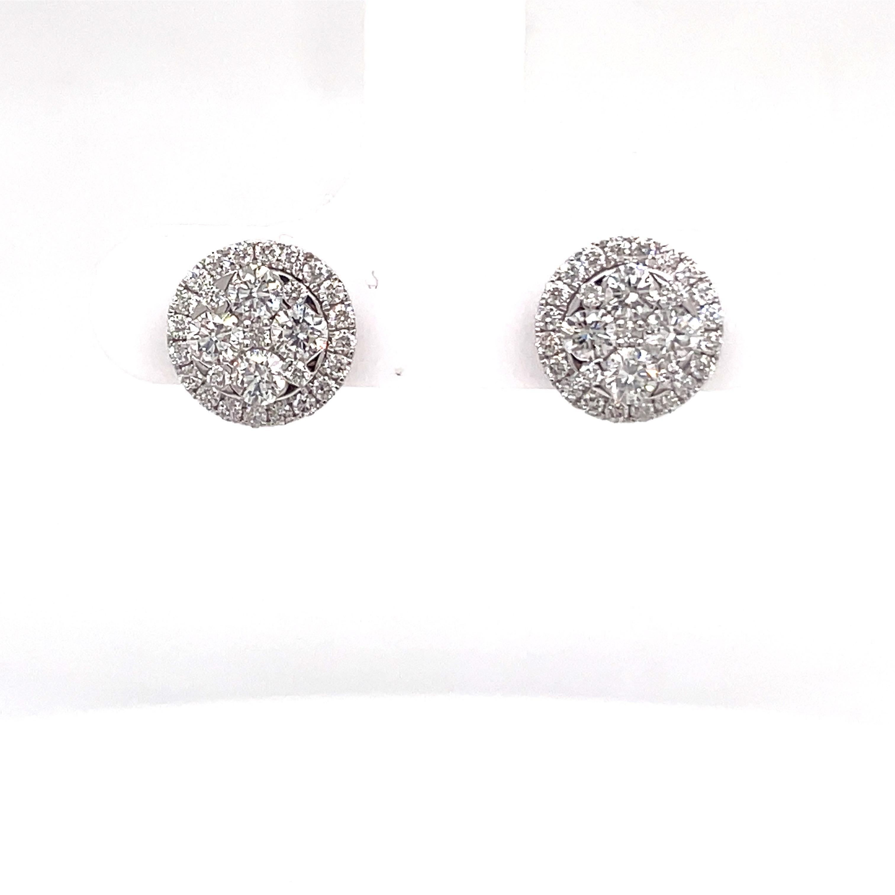 Contemporary Diamond Cluster Halo Stud Earrings 0.89 Carats 14 Karat White Gold For Sale
