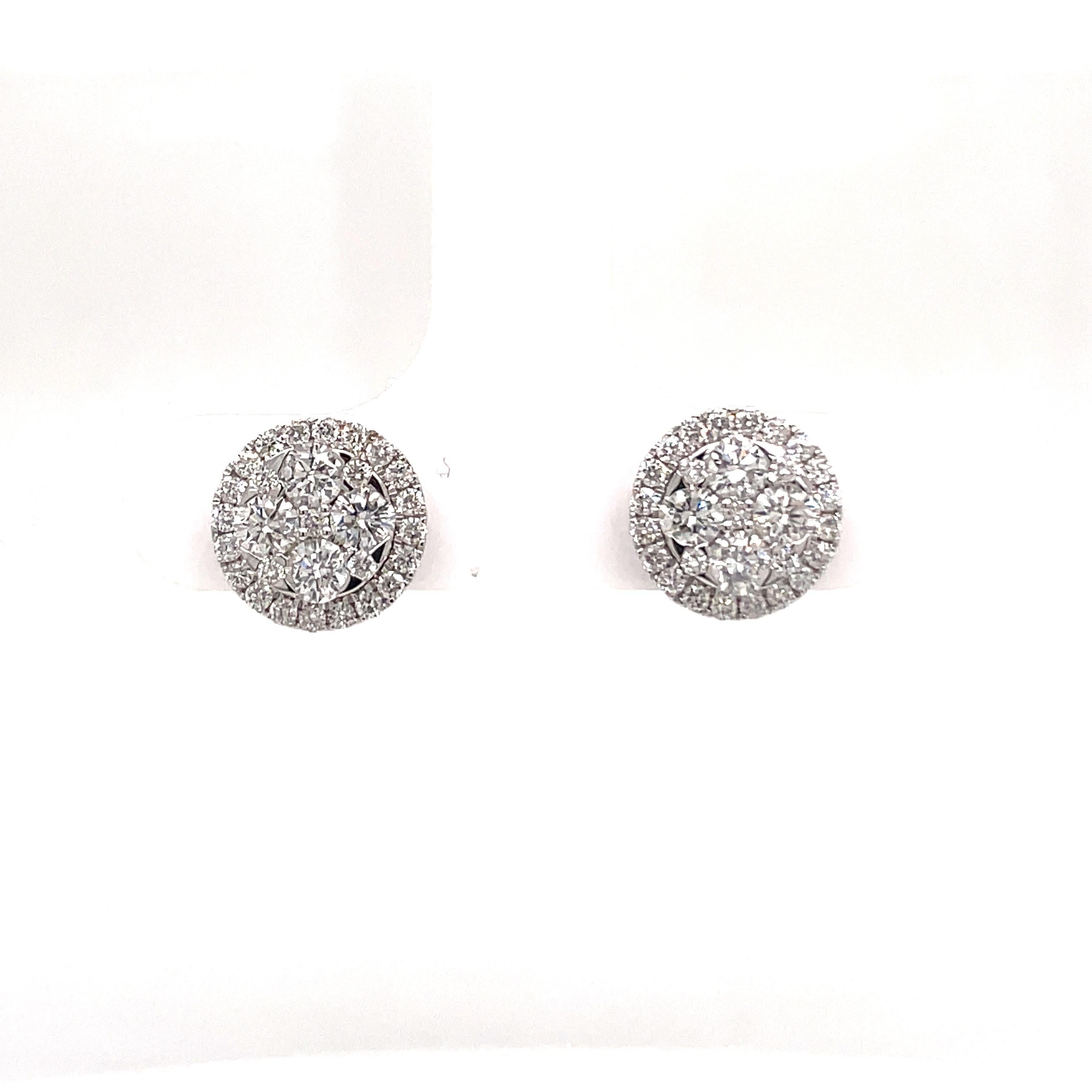 Round Cut Diamond Cluster Halo Stud Earrings 0.89 Carats 14 Karat White Gold For Sale