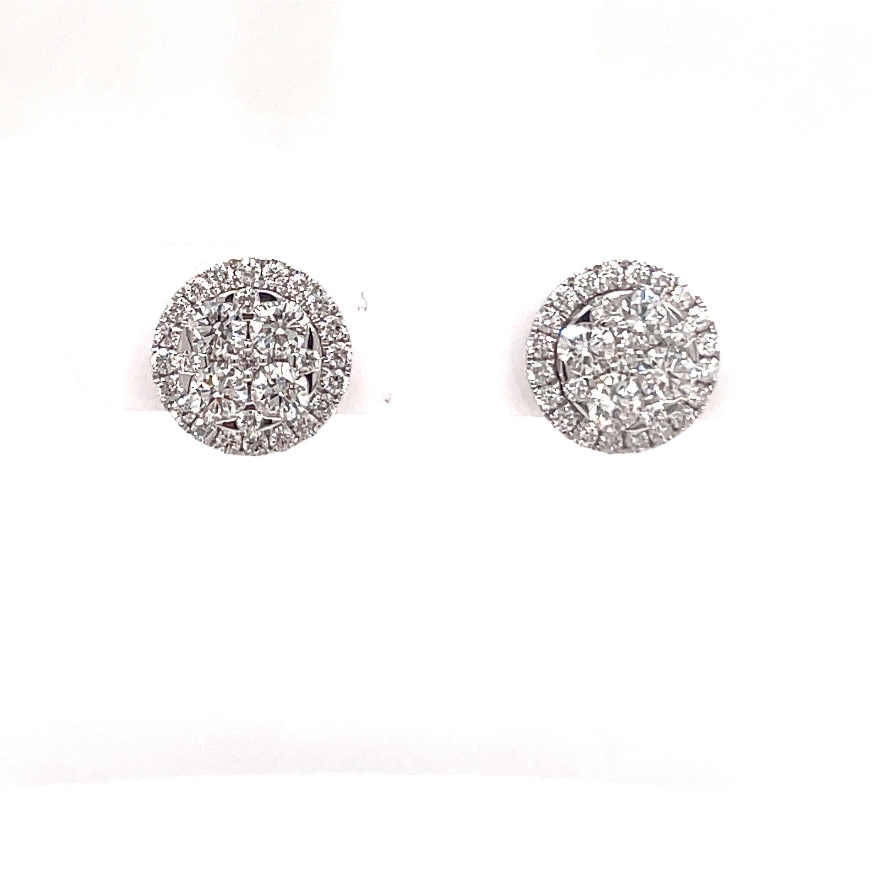 Diamond Cluster Halo Stud Earrings 0.89 Carats 14 Karat White Gold In New Condition For Sale In New York, NY