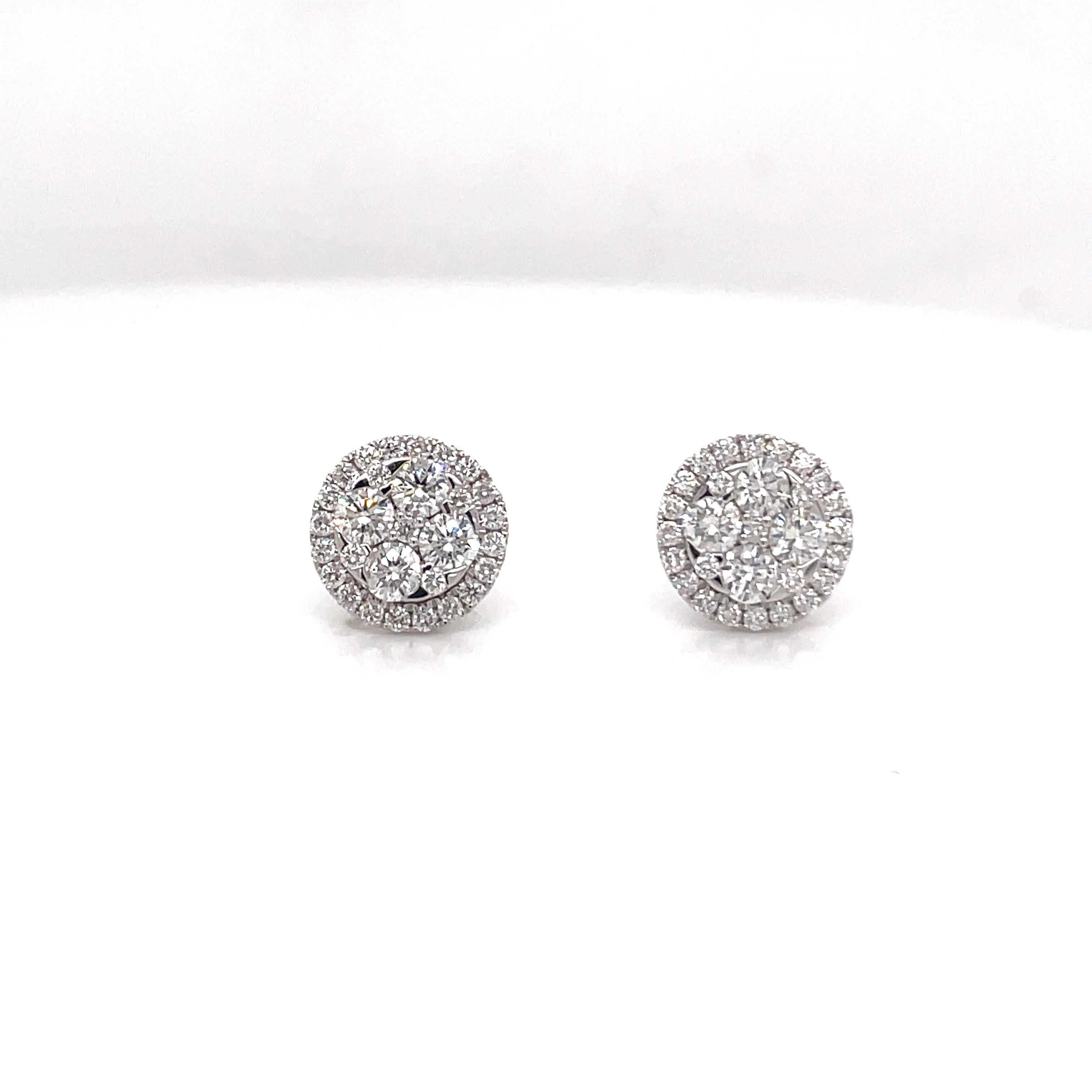 Women's Diamond Cluster Halo Stud Earrings 0.89 Carats 14 Karat White Gold For Sale