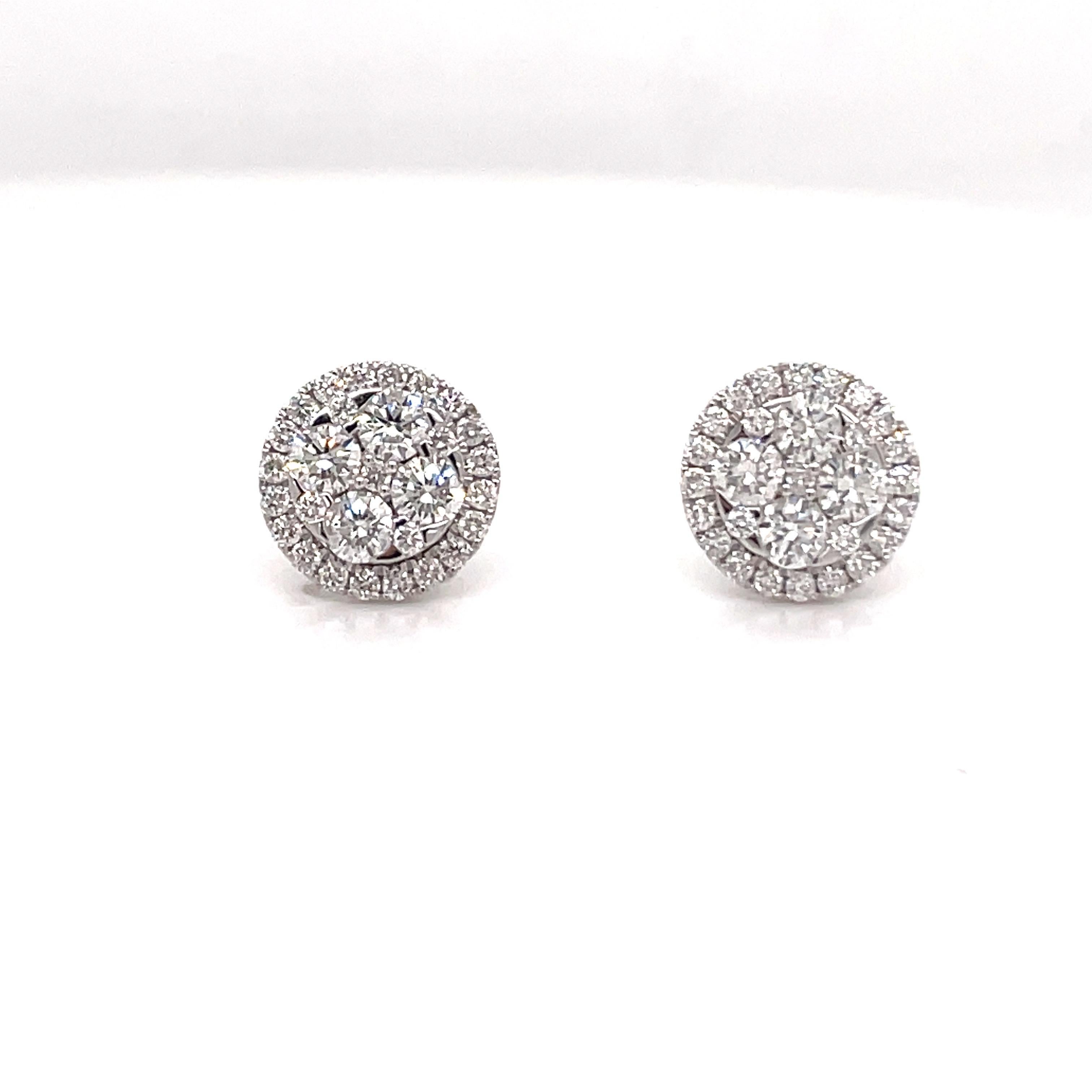 Diamond Cluster Halo Stud Earrings 0.89 Carats 14 Karat White Gold For Sale 3