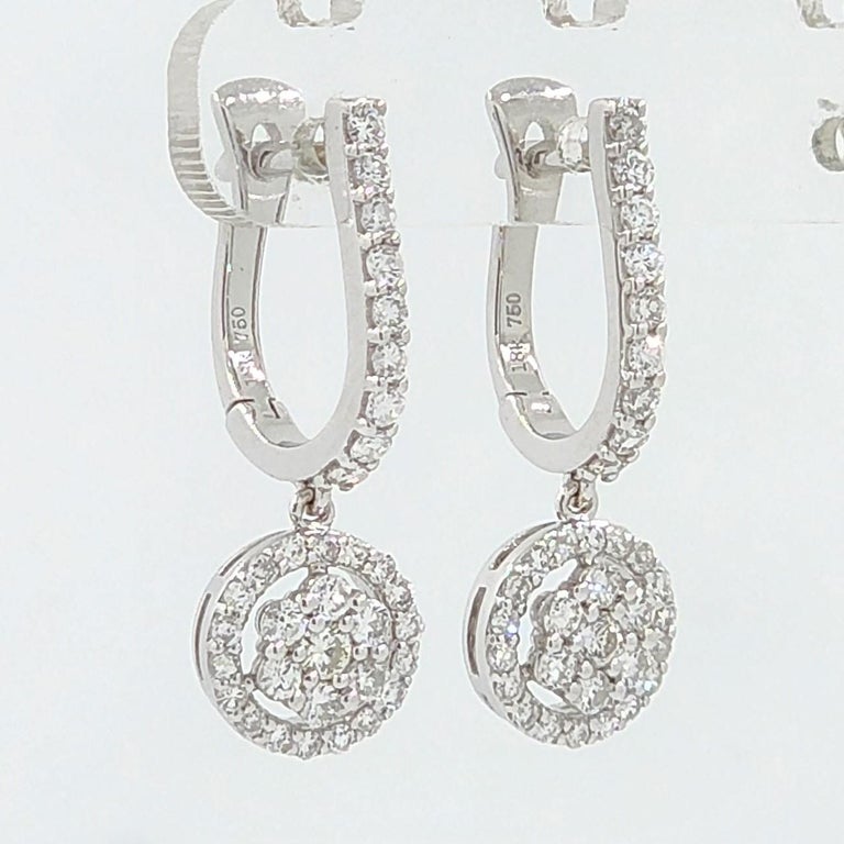 Diamond Cluster LeverBack Earrings in 18 Karat White Gold For Sale at
