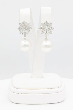Diamond Cluster Marquise Shape Star with South Sea Pearl Dangle Earrings